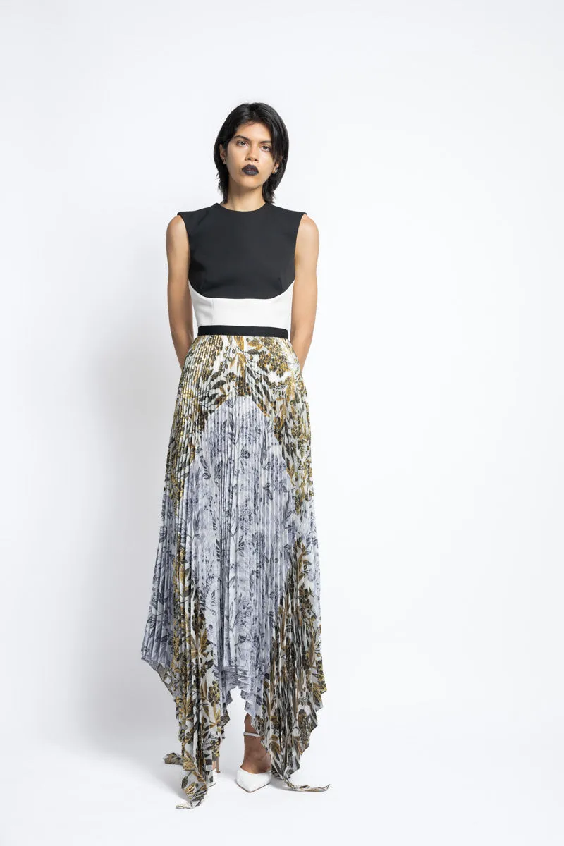 Bay Leaf Jacquard Pleated Skirt With Handkerchief Hem