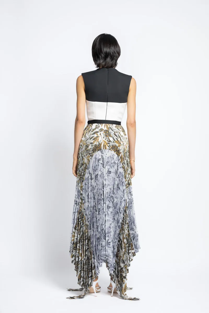 Bay Leaf Jacquard Pleated Skirt With Handkerchief Hem