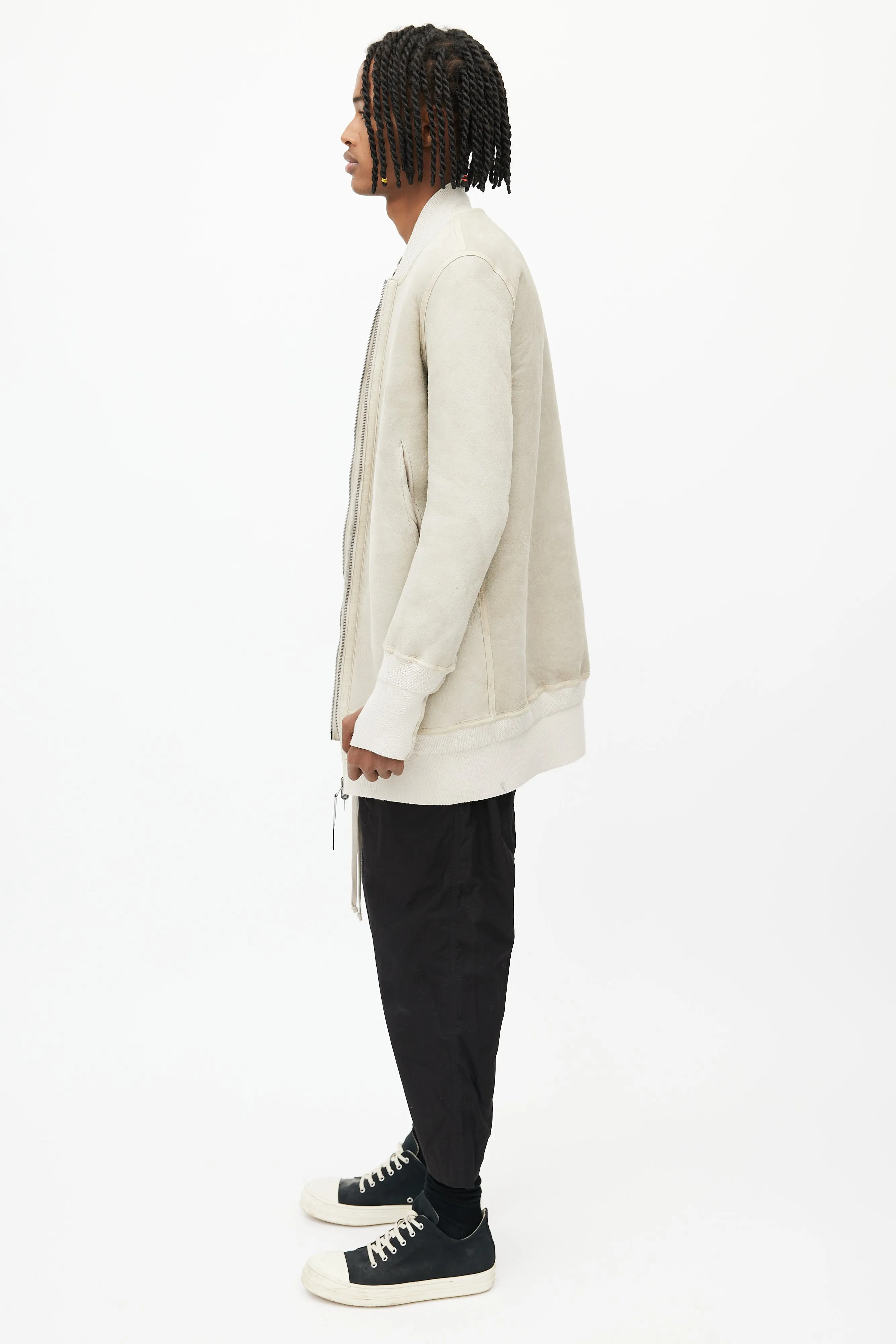 Beige Shearling Long Bomber Jacket