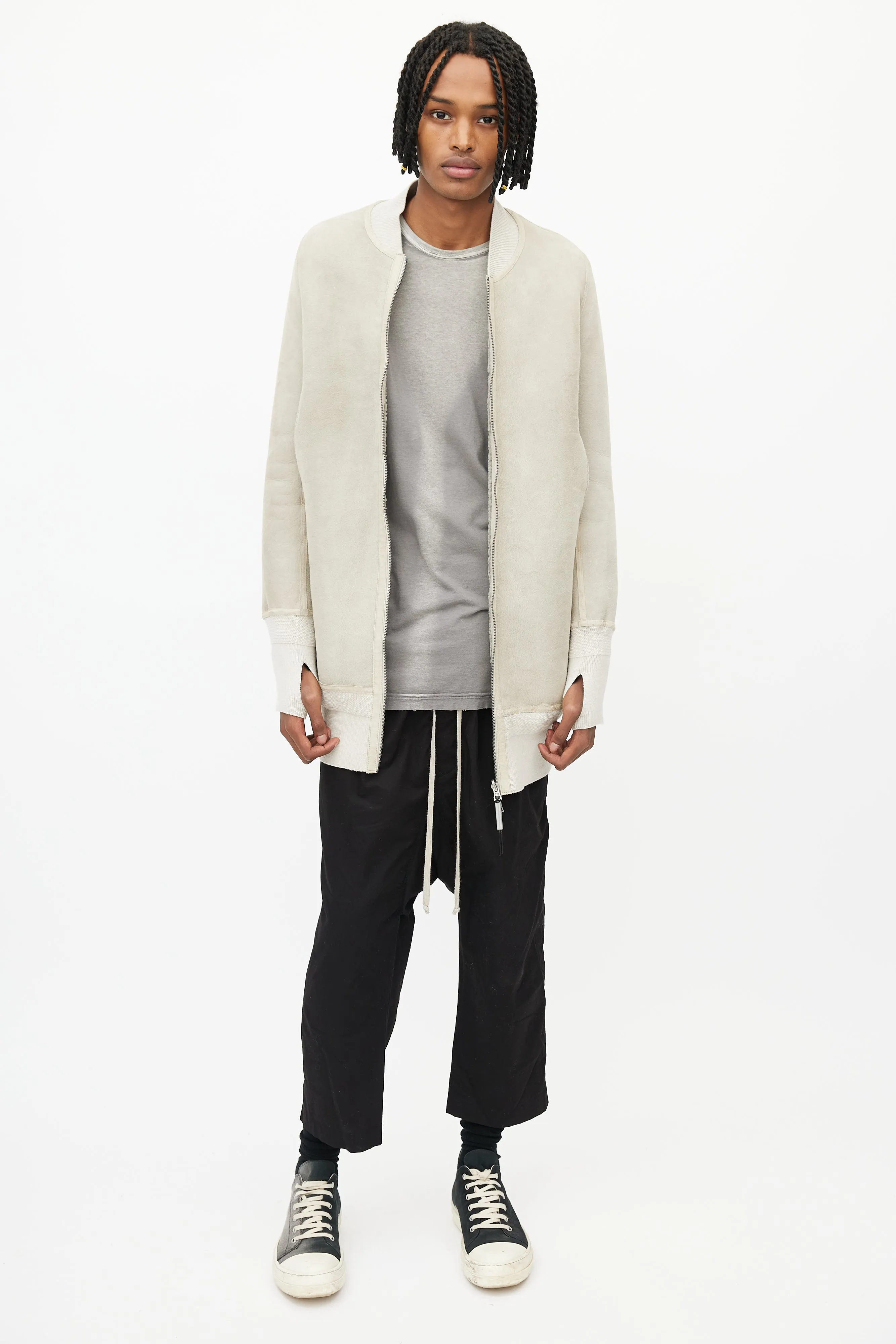 Beige Shearling Long Bomber Jacket