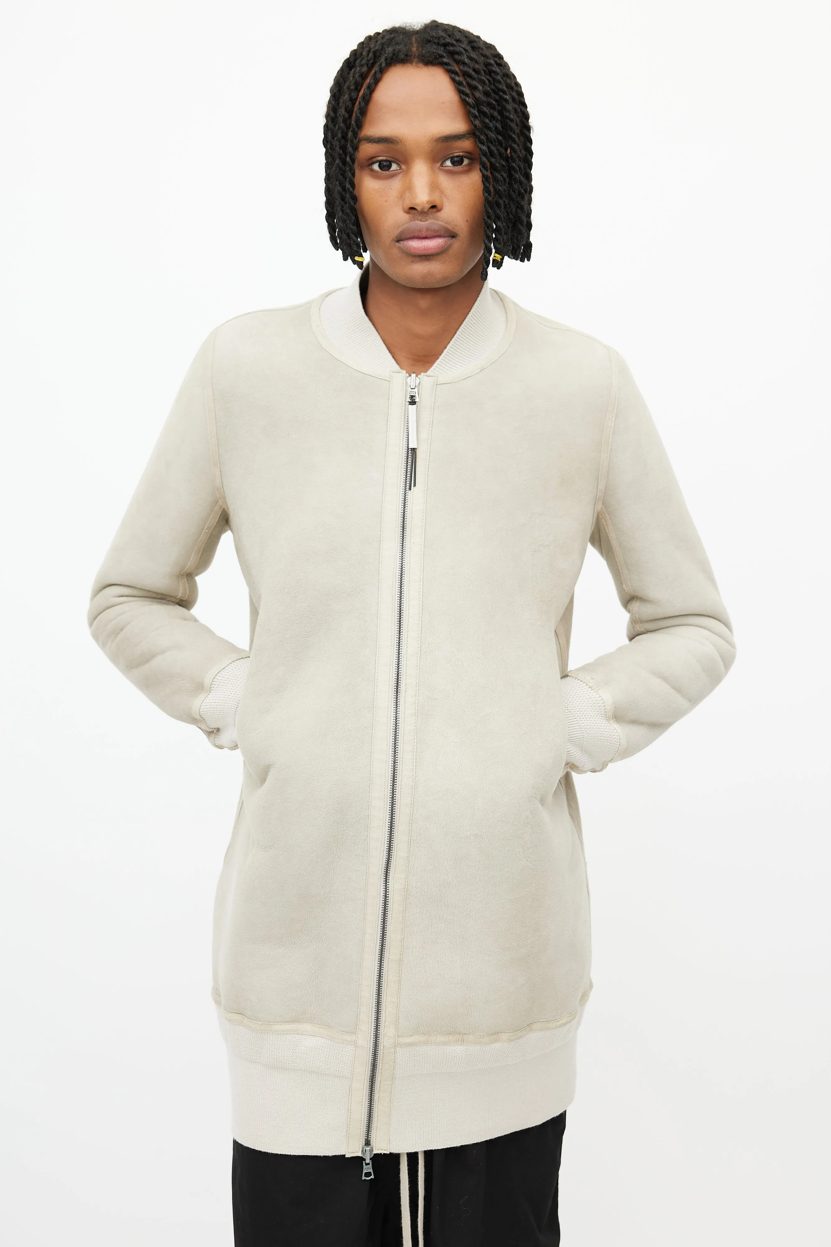 Beige Shearling Long Bomber Jacket