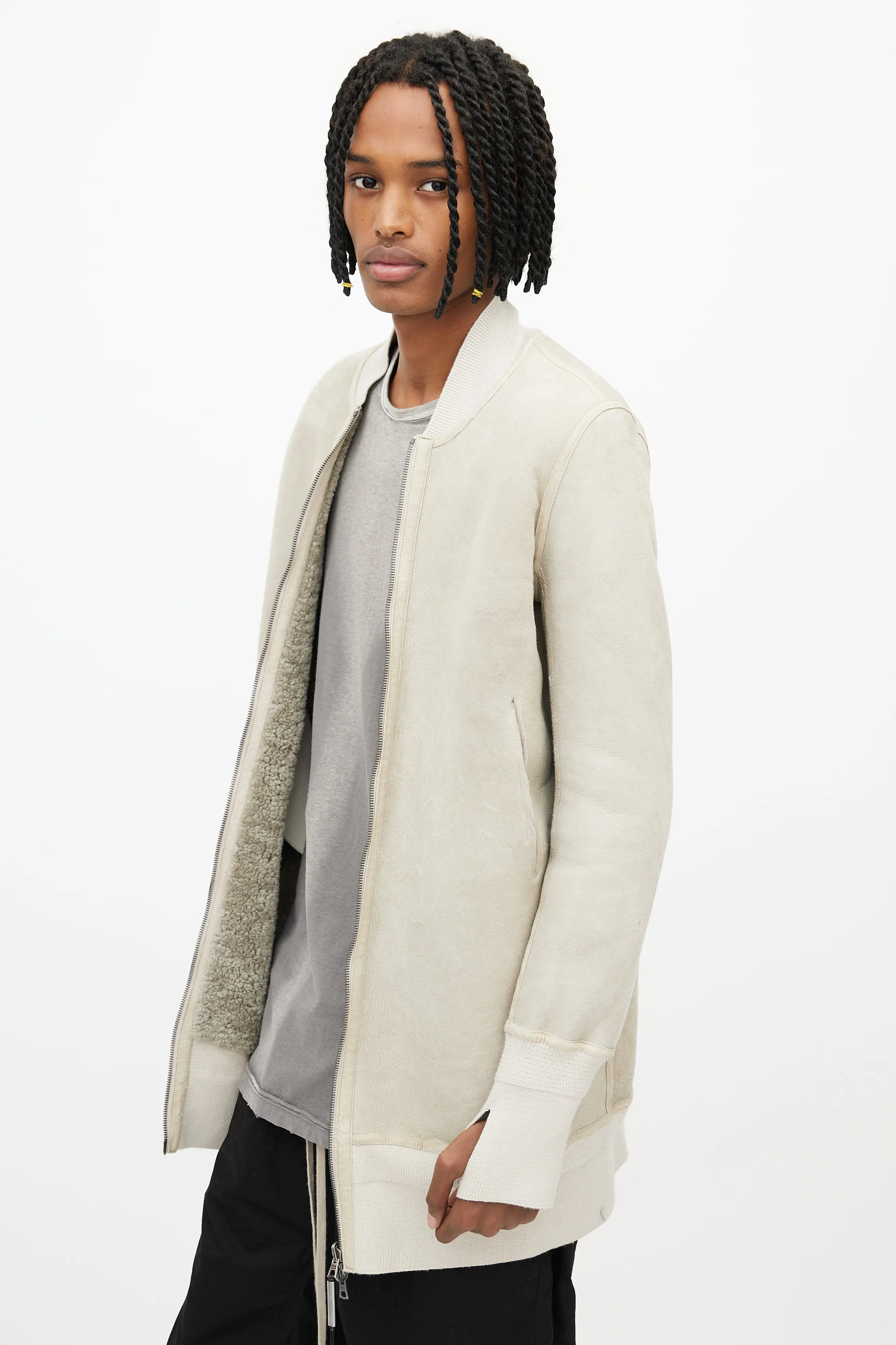 Beige Shearling Long Bomber Jacket