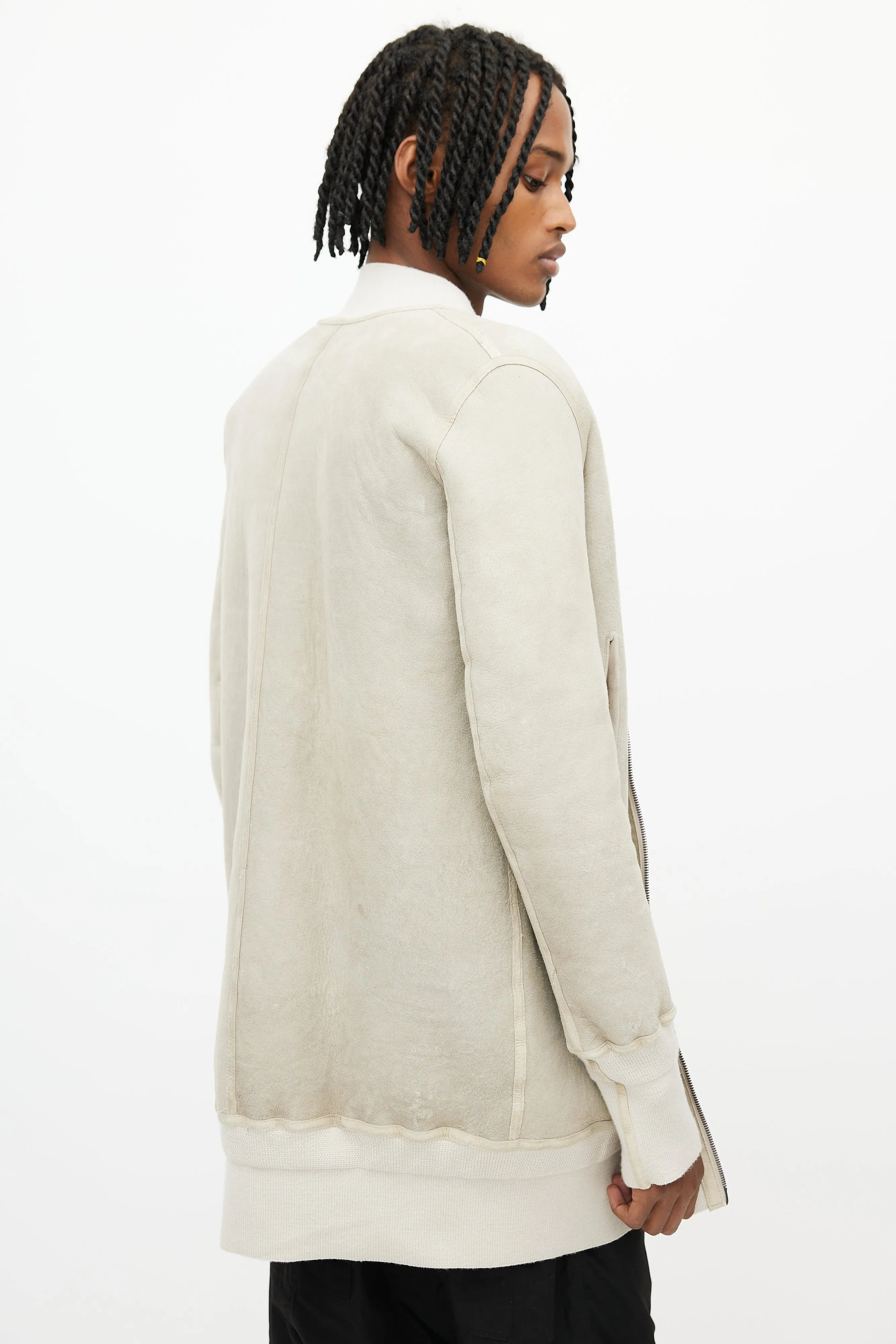 Beige Shearling Long Bomber Jacket