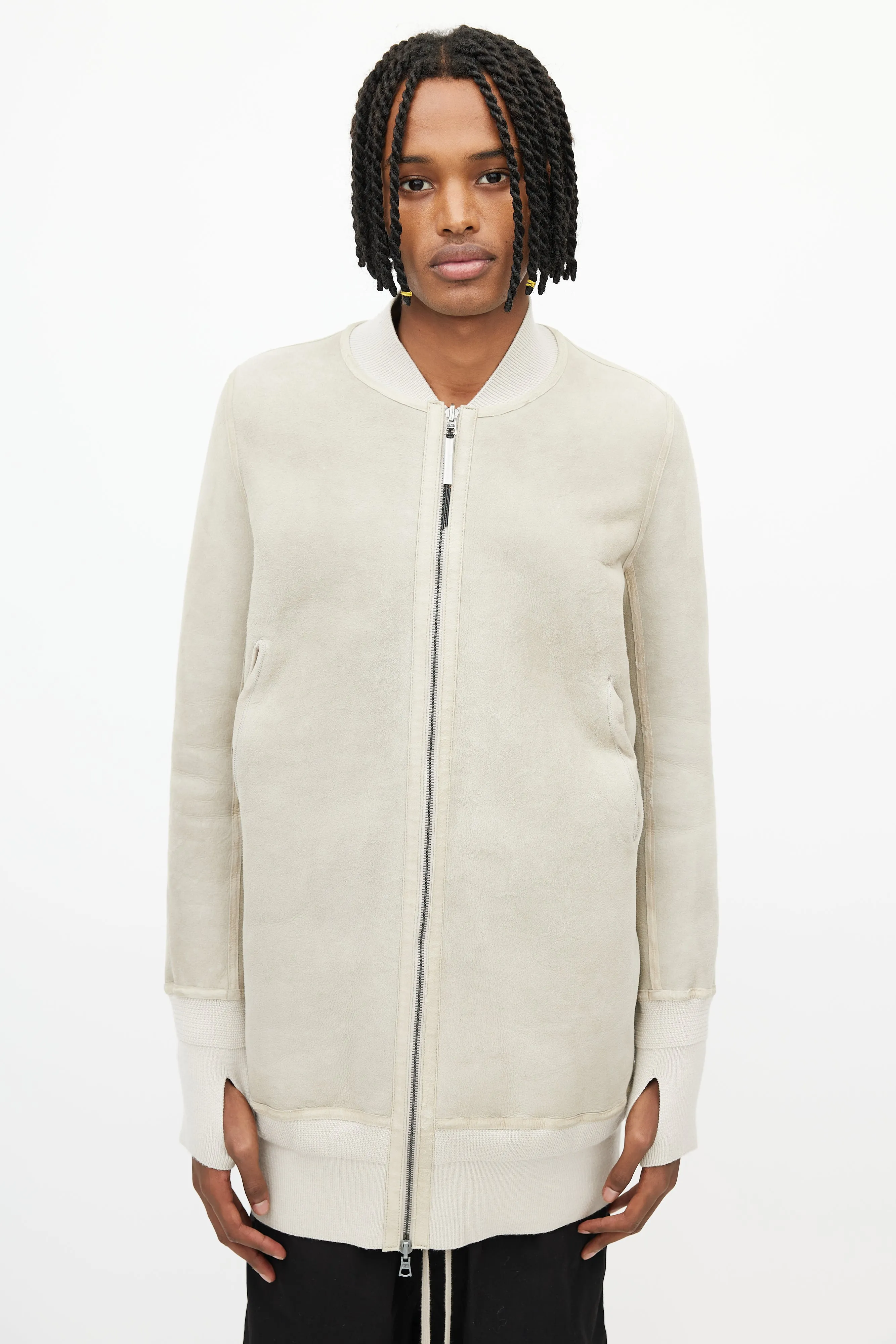 Beige Shearling Long Bomber Jacket