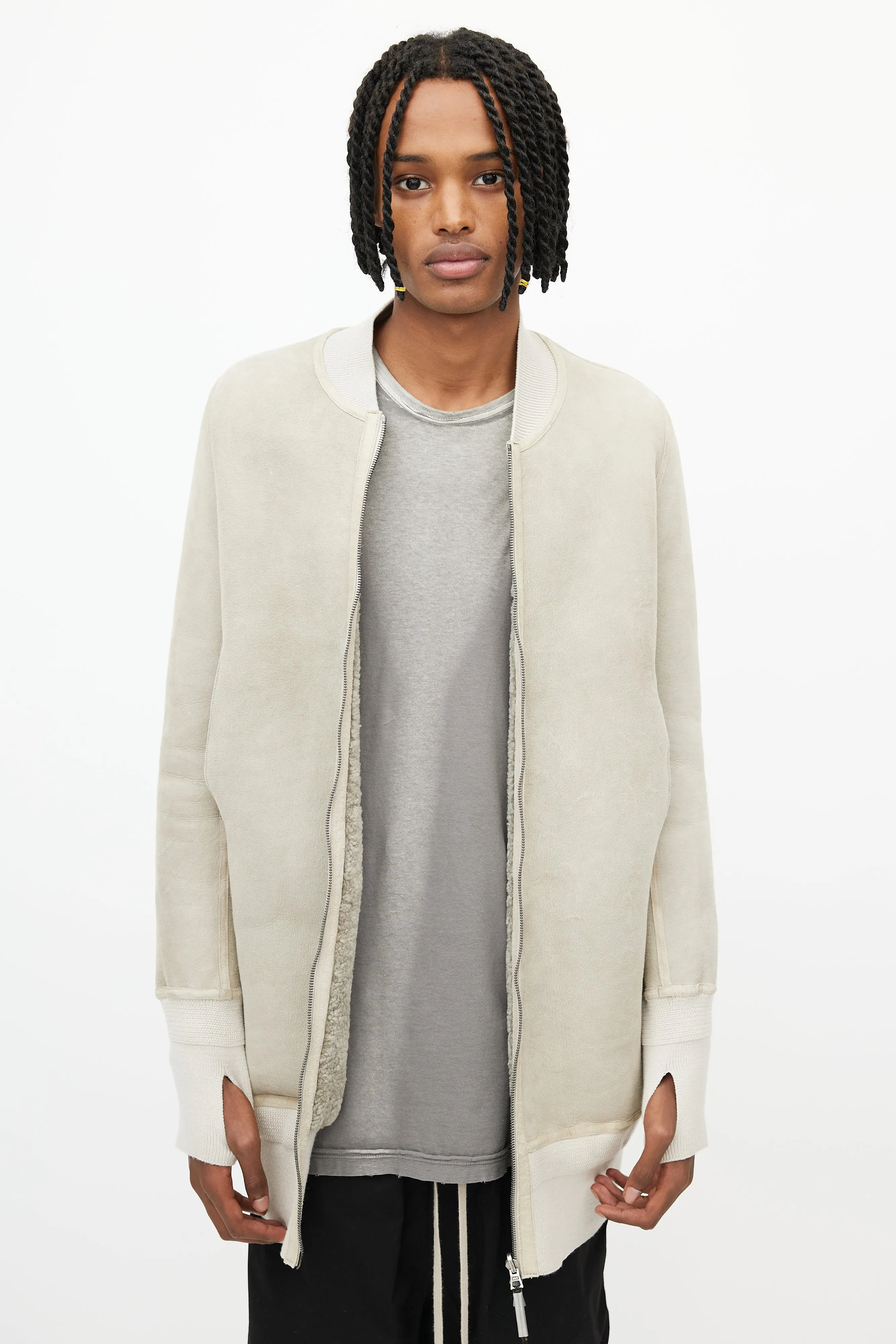 Beige Shearling Long Bomber Jacket