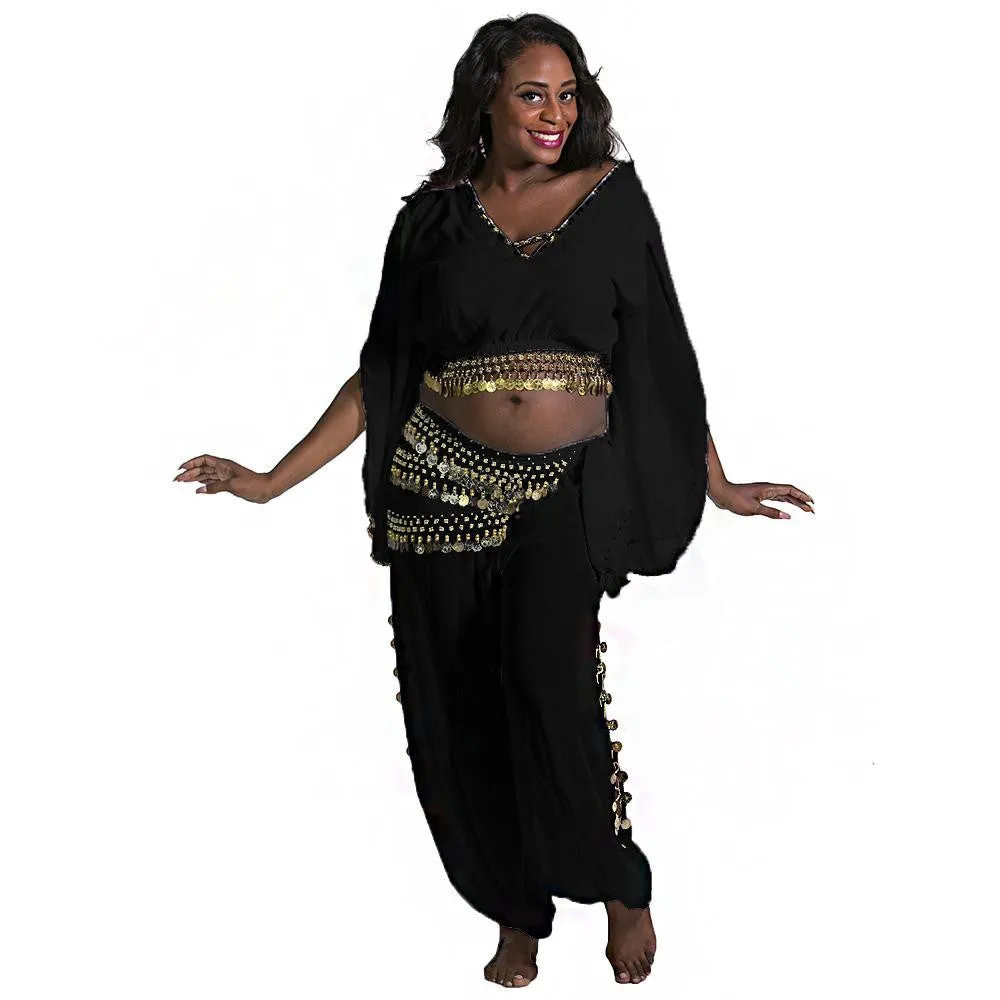 Belly Dance Harem Pant, Hip Scarf, & Bell Sleeve Top Costume Set | SURREAL