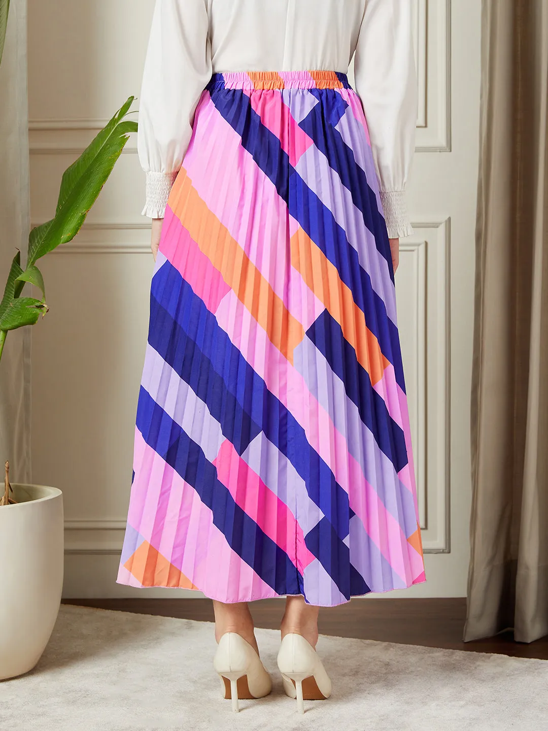 Berrylush BIZwear Women Multicolour Colourblock Printed Elastic High-Rise Waist Straight Hem Pleated A-Line Midi Skirt