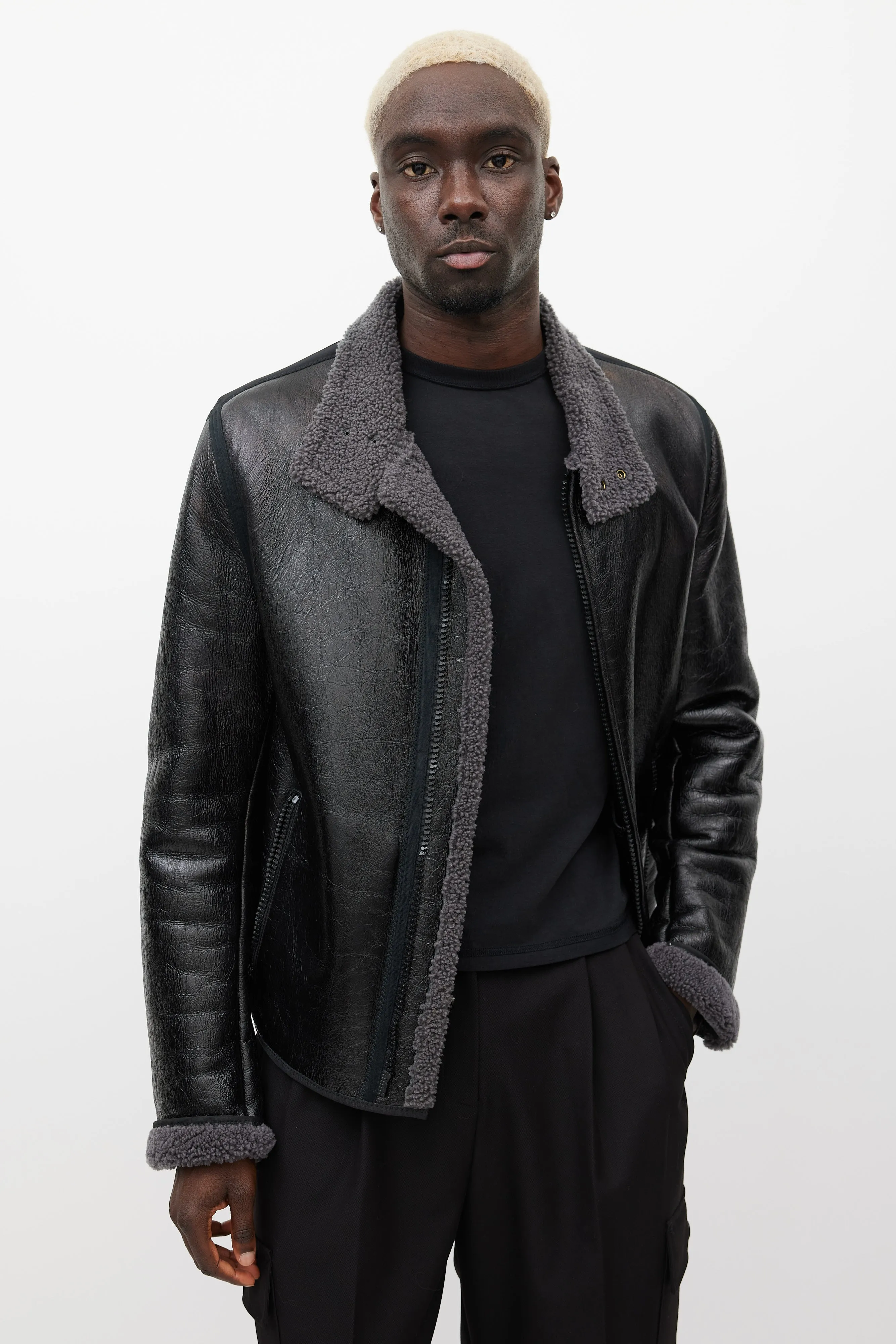 Black & Grey Leather Shearling Jacket