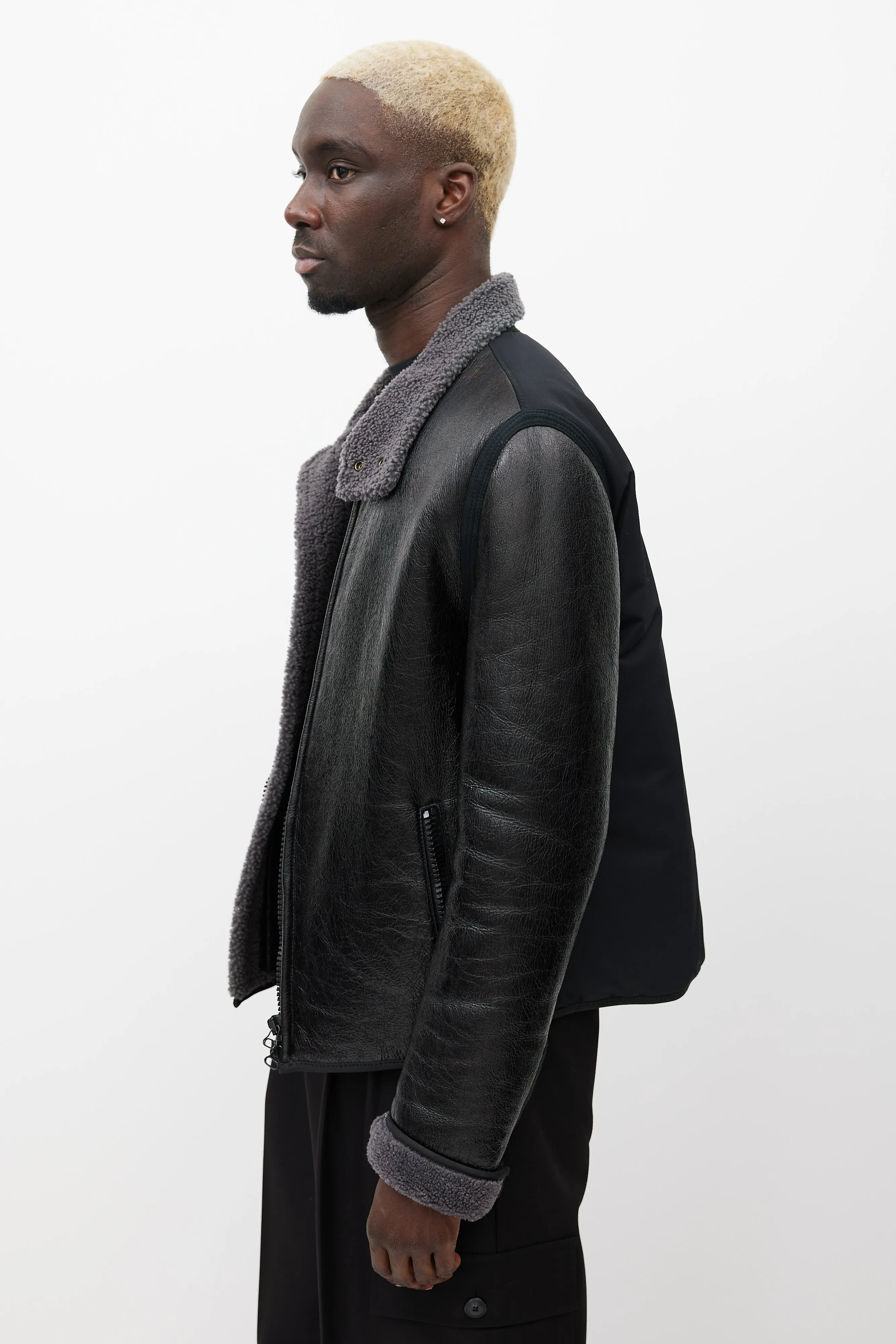 Black & Grey Leather Shearling Jacket