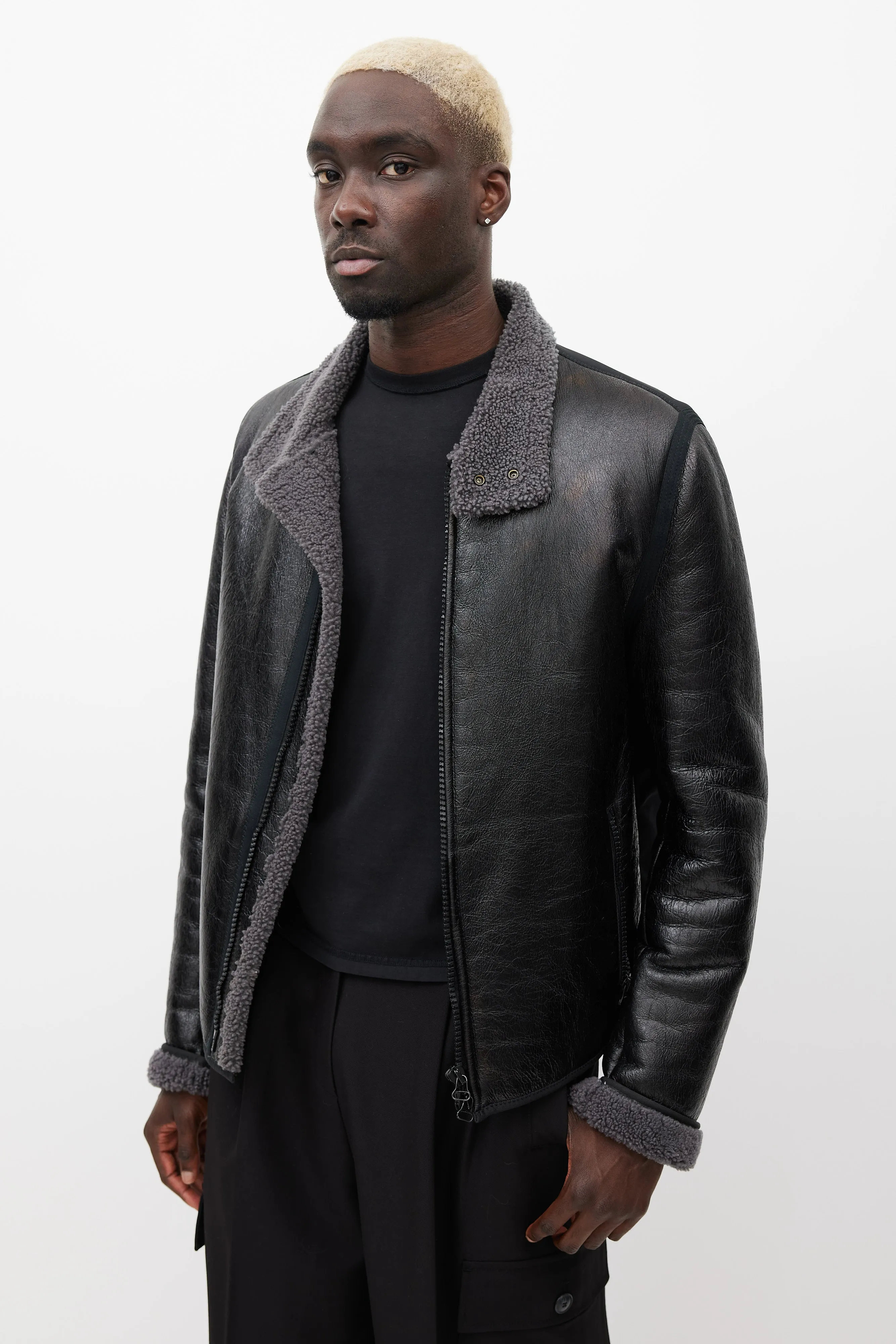 Black & Grey Leather Shearling Jacket