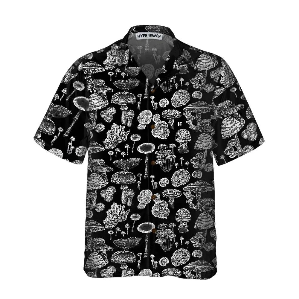 Black And White Mushroom Hawaiian Shirt, Casual Mushroom Shirt For Men & Women, Mushroom Print Shirt