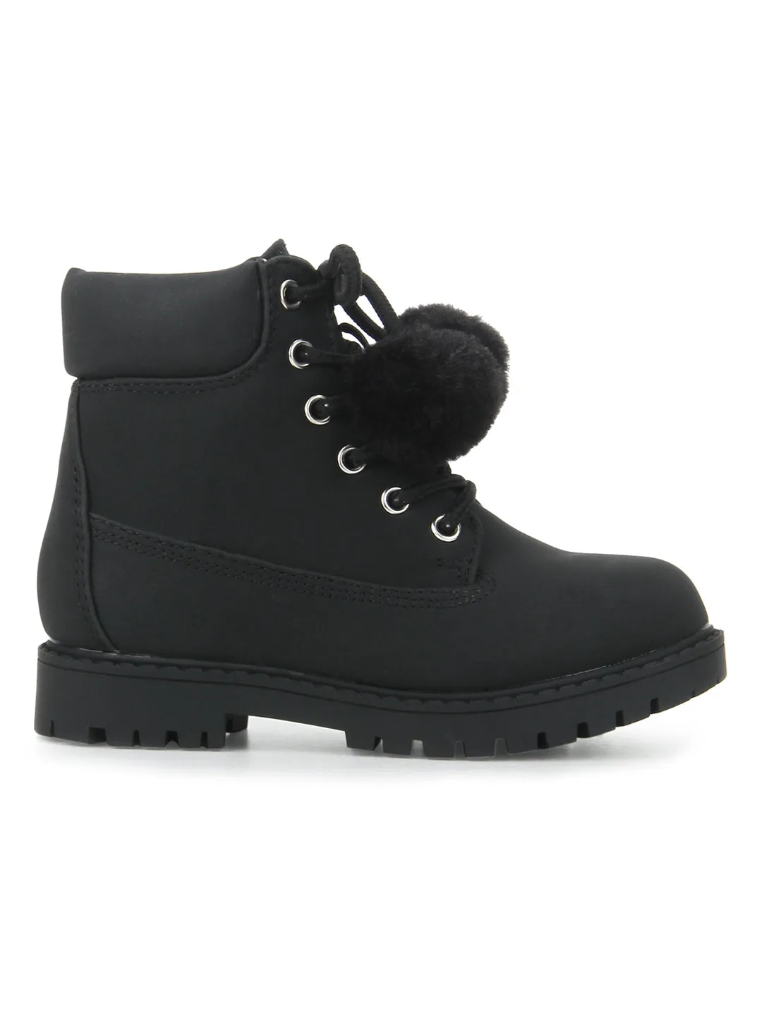 Black Pu Pom Pom Lace-Up Ankle Boots