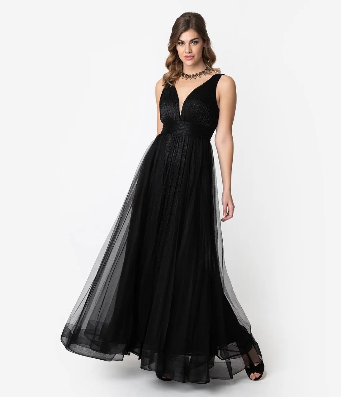 Black Sparkle Pleated Mesh Sleeveless Long Dress