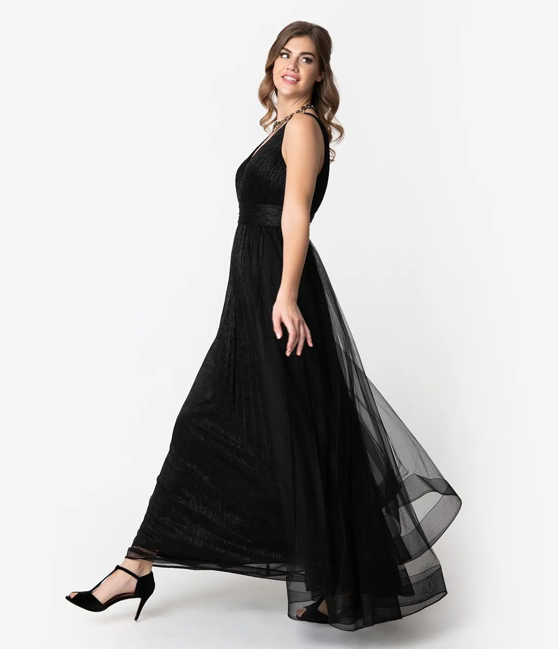 Black Sparkle Pleated Mesh Sleeveless Long Dress