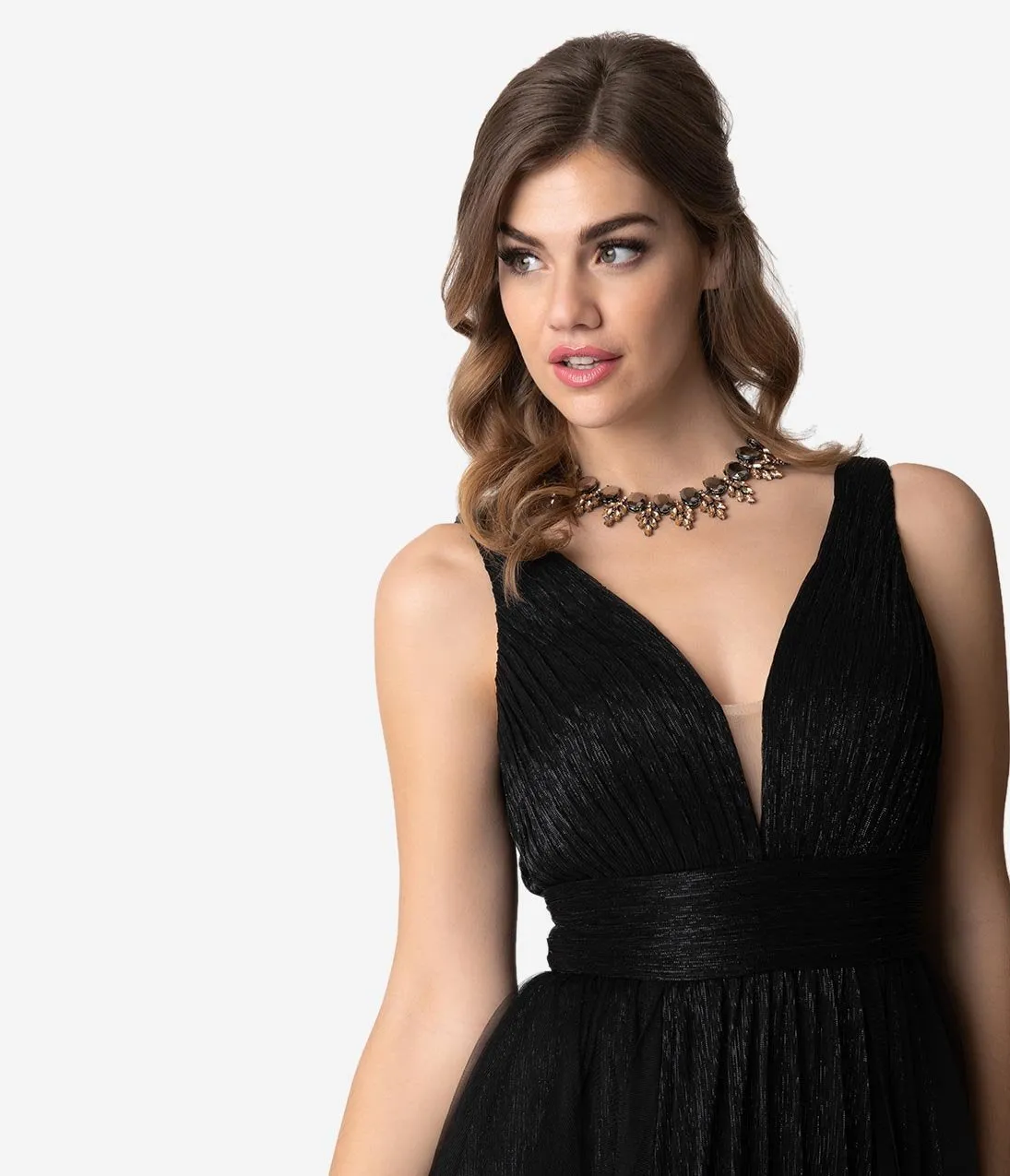 Black Sparkle Pleated Mesh Sleeveless Long Dress