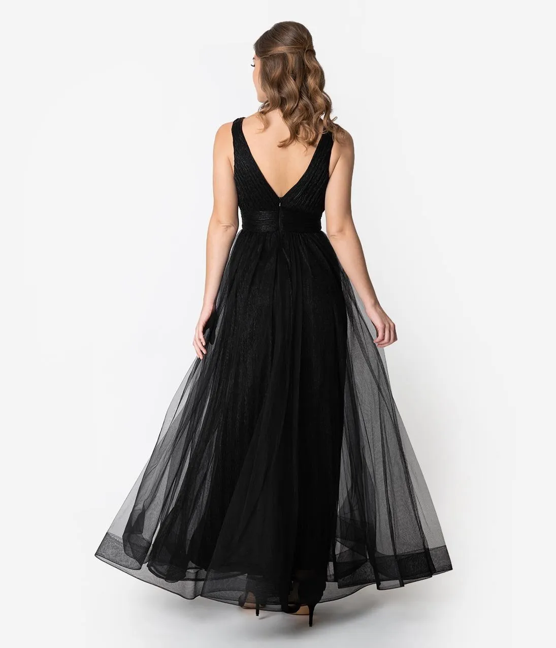 Black Sparkle Pleated Mesh Sleeveless Long Dress