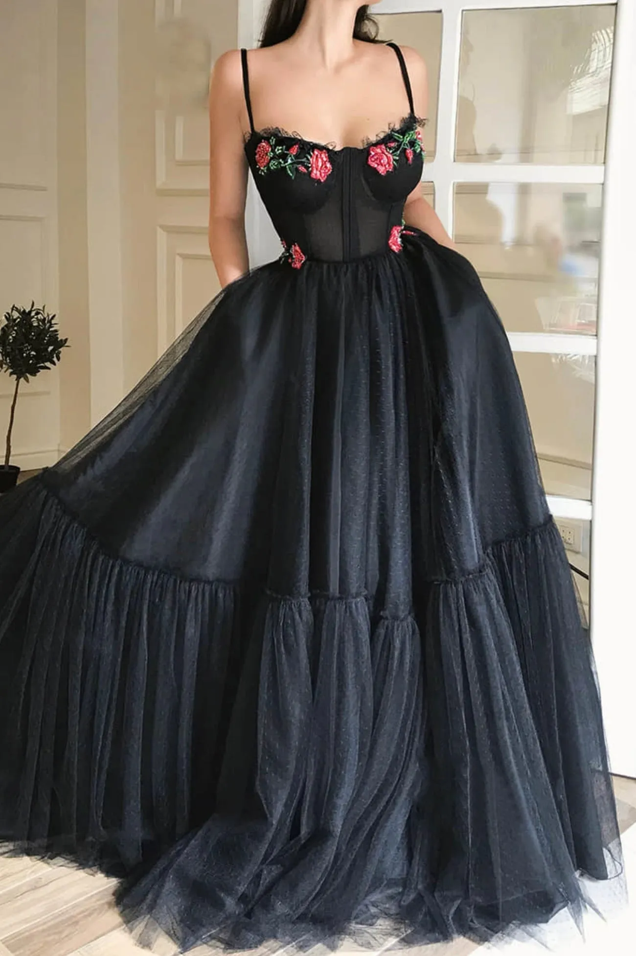 Black tulle lace long prom dress black evening dress TR0717