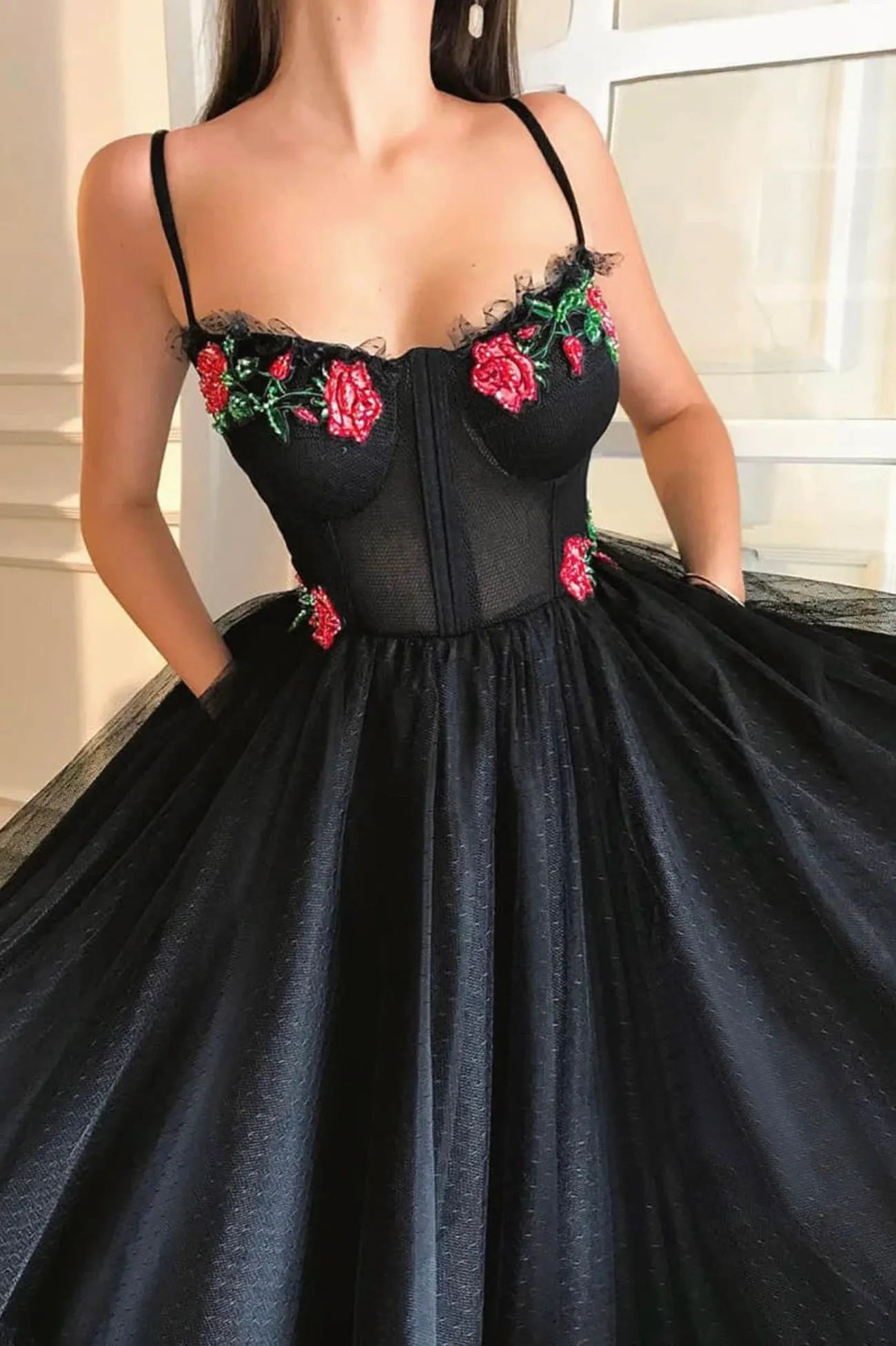 Black tulle lace long prom dress black evening dress TR0717