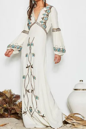 Boho Embroidered Lantern Sleeves Maxi Dress