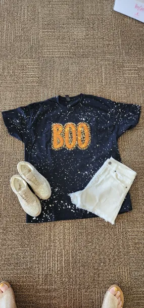 Boo T shirt- Orange sparkle Boo with leopard trim