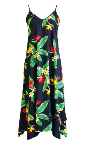 BOP Plumeria Ladies Hawaiian V Neck Scarf Hem Maxi Dress in Black