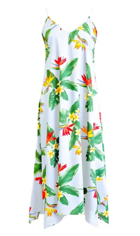 BOP Plumeria Ladies Hawaiian V Neck Scarf Hem Maxi Dress in White