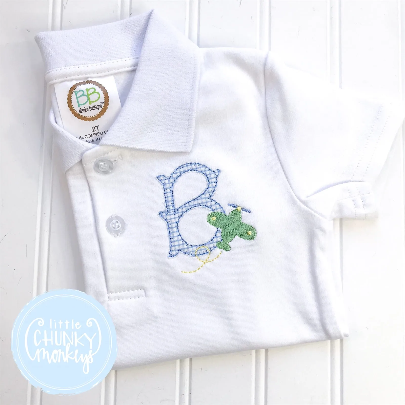 Boy Polo Shirt - Initial Appliqué with Airplane