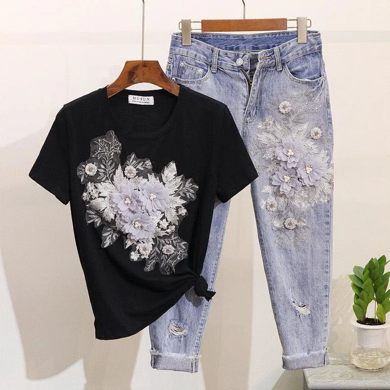 Brisket Embellished Set of Top and Denims