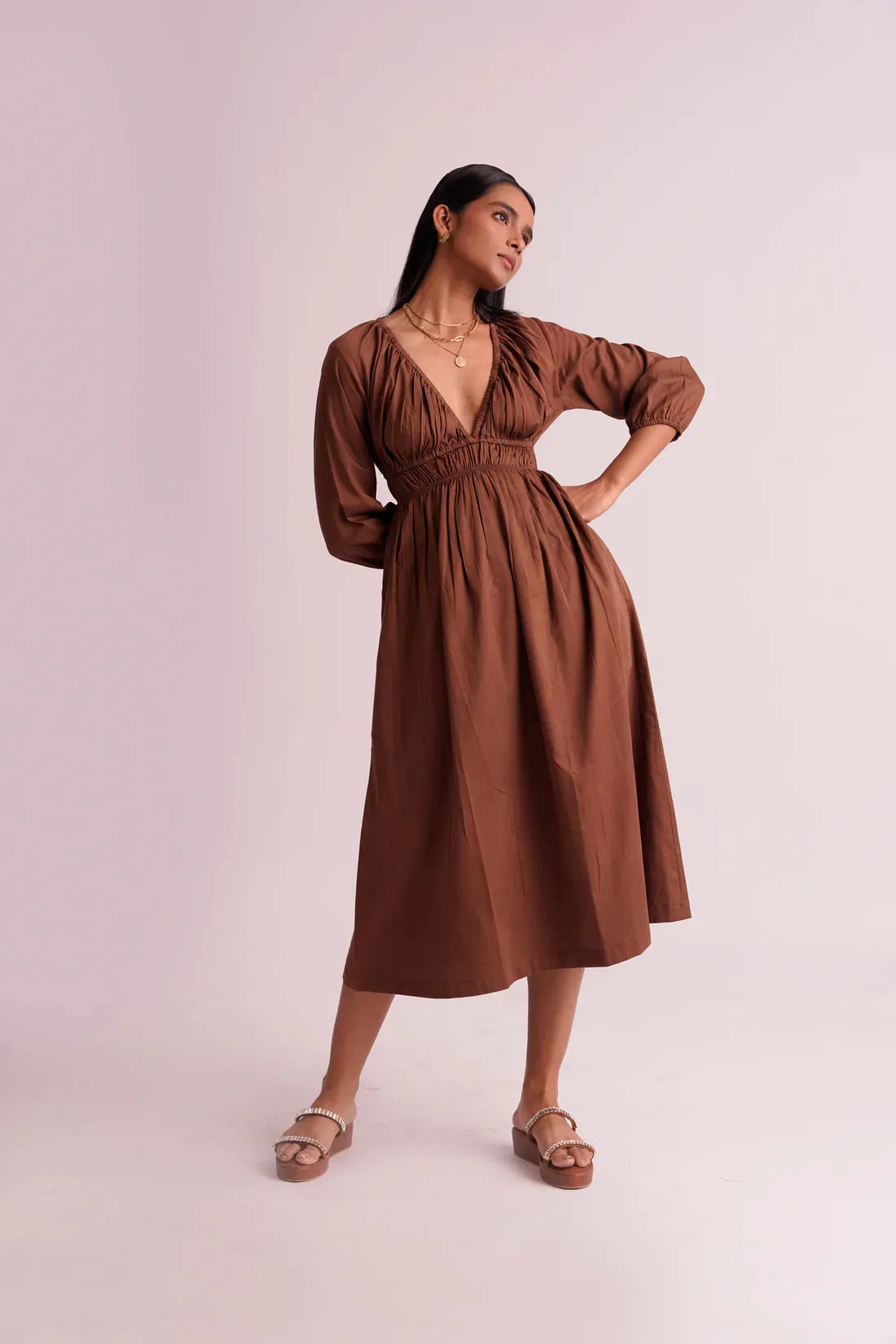 Brown 100% Linen Women's Work Dress