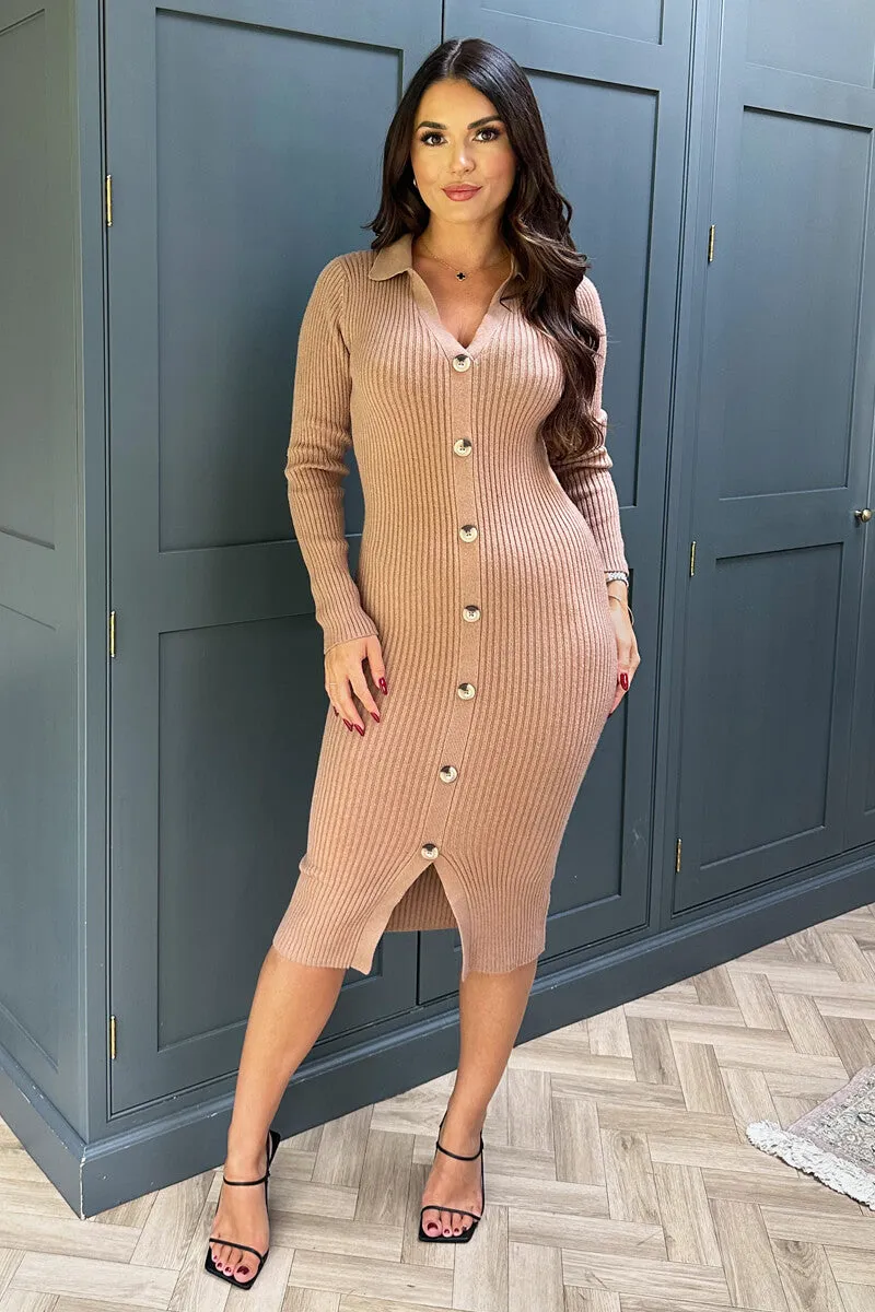 Camel Knitted Button Front Midi Dress