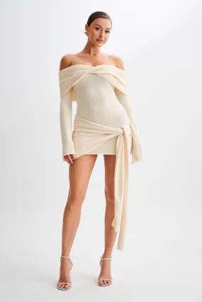 Camryn Off Shoulder Tie Knit Mini Dress - Cream Marle