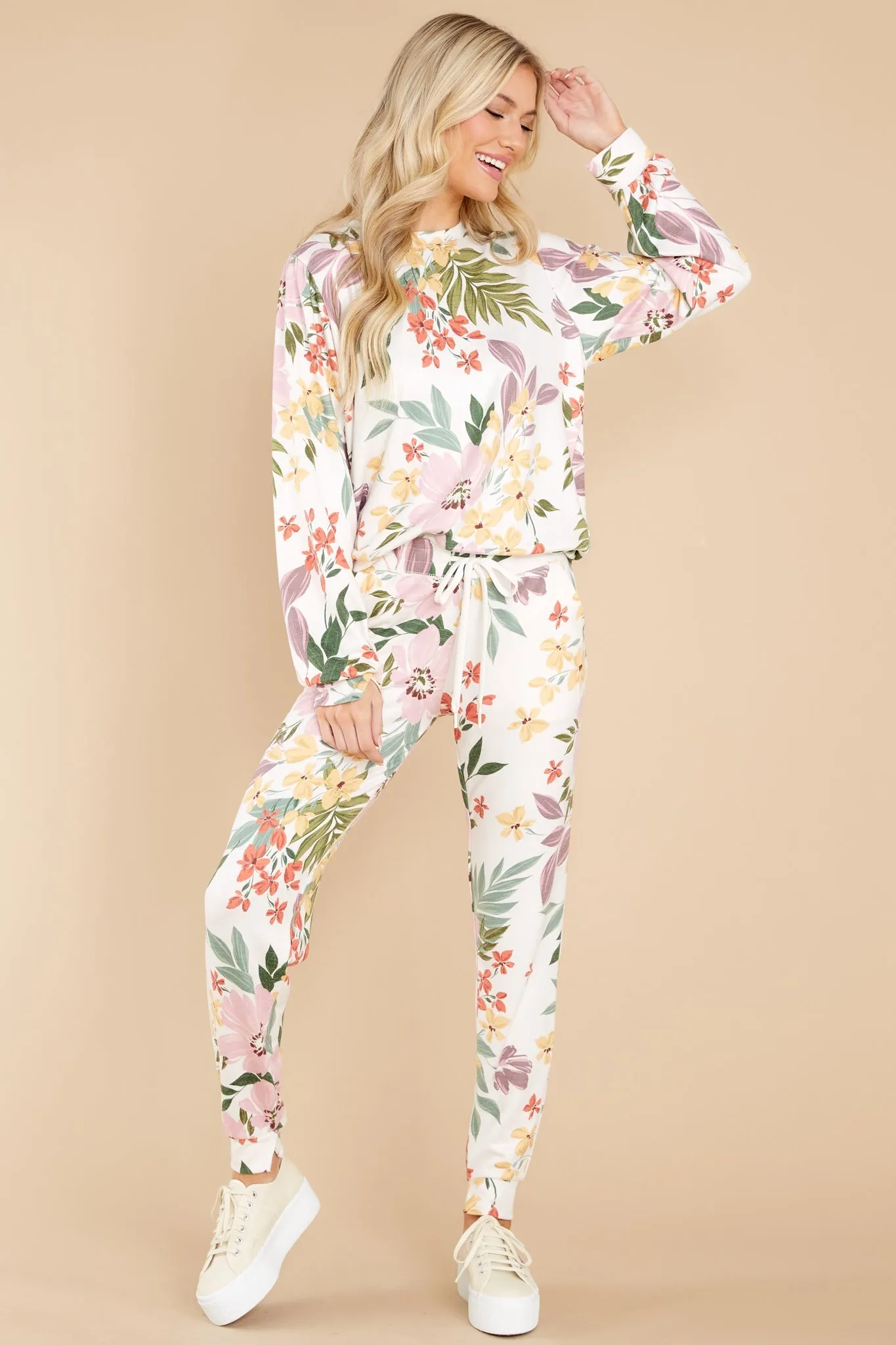 Carefree Living Ivory Multi Floral Joggers