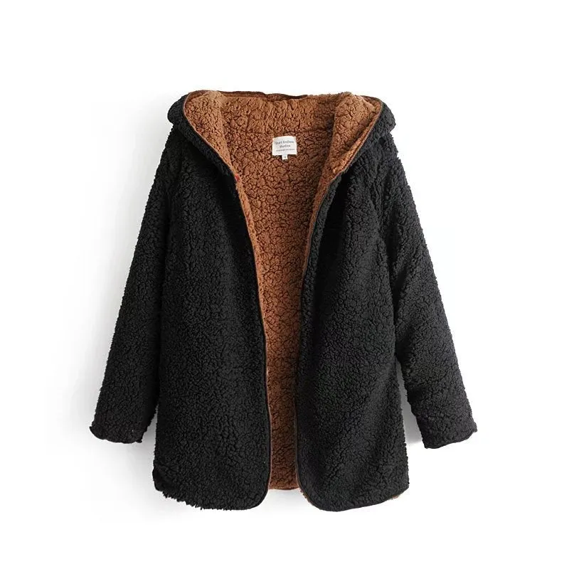 Cheap Hooded Open Front Lamb Wool Coat