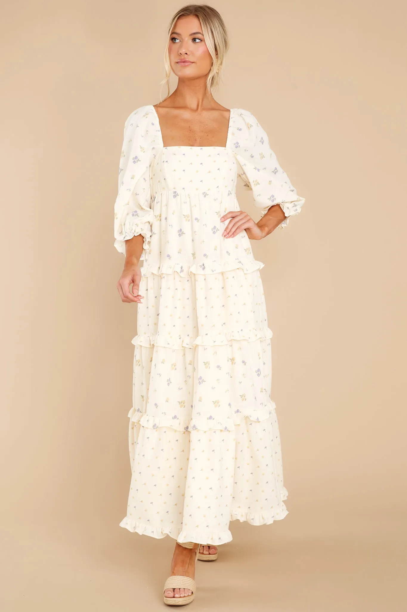 Cheerful Moments Ivory Floral Print Maxi Dress