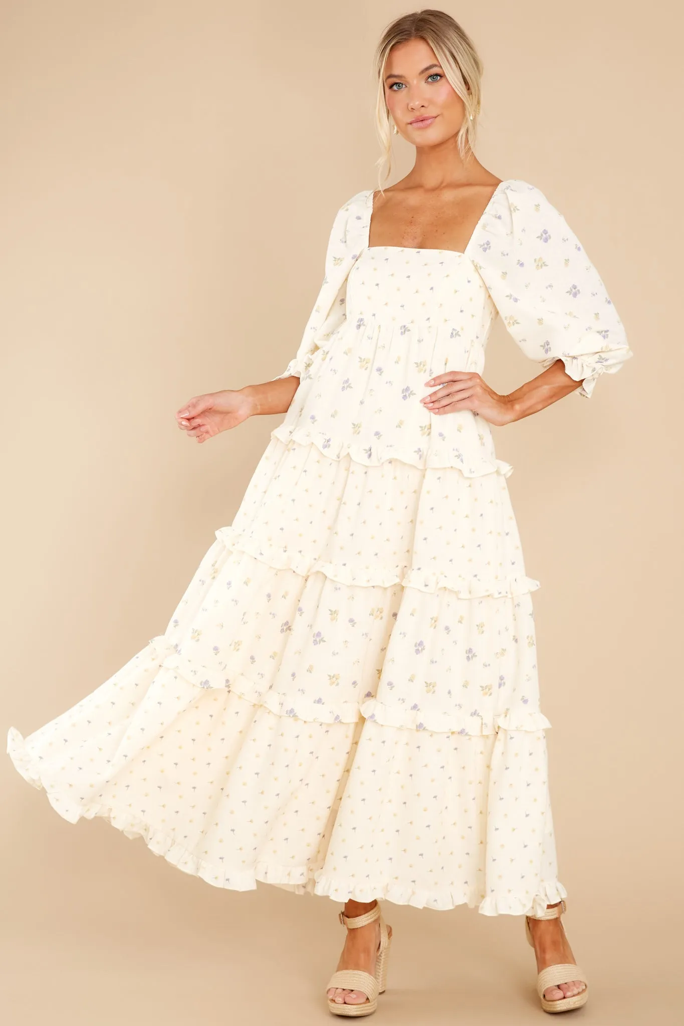 Cheerful Moments Ivory Floral Print Maxi Dress