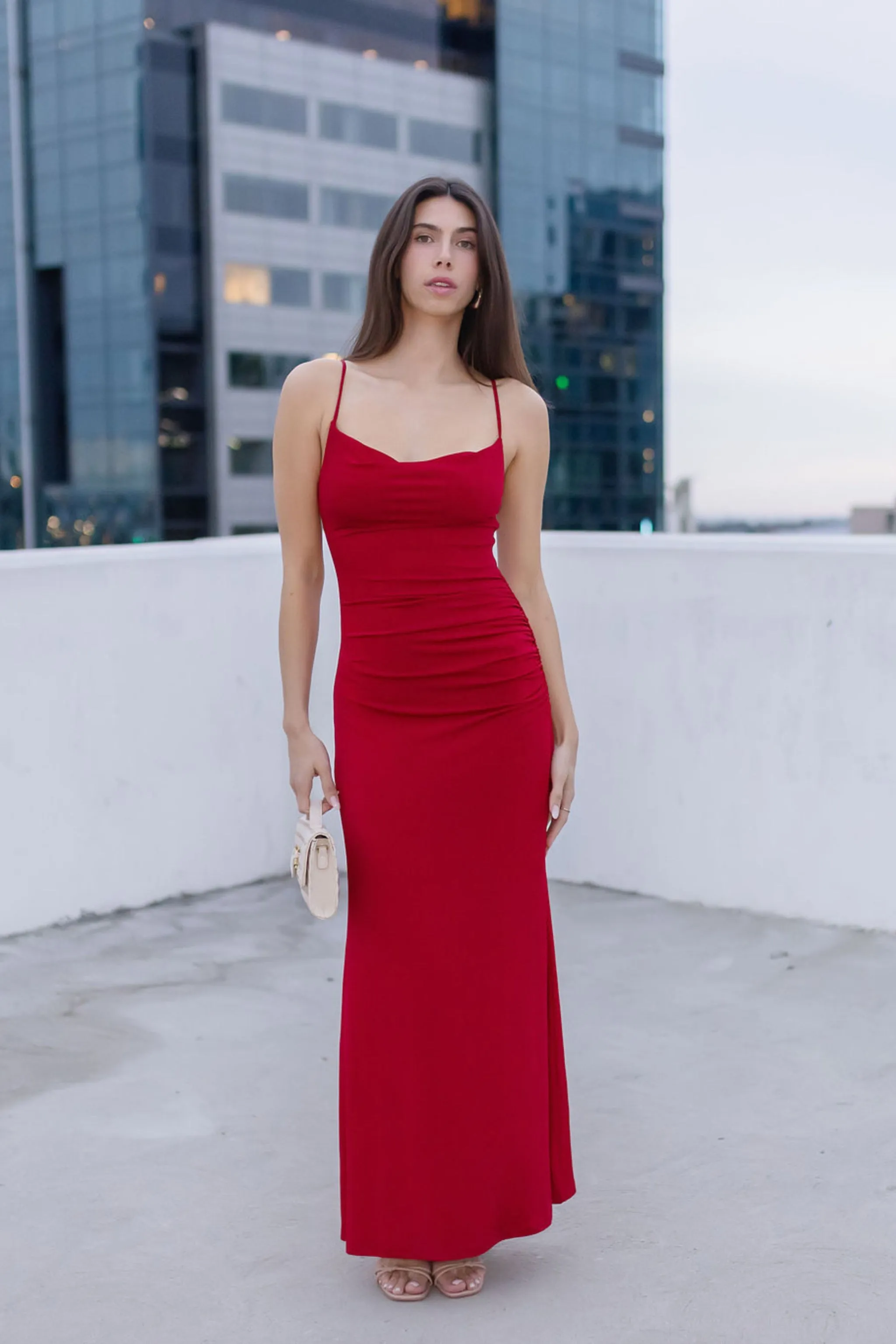 Chelsea Sleeveless Cowl Neck Ruched Maxi Dress Red