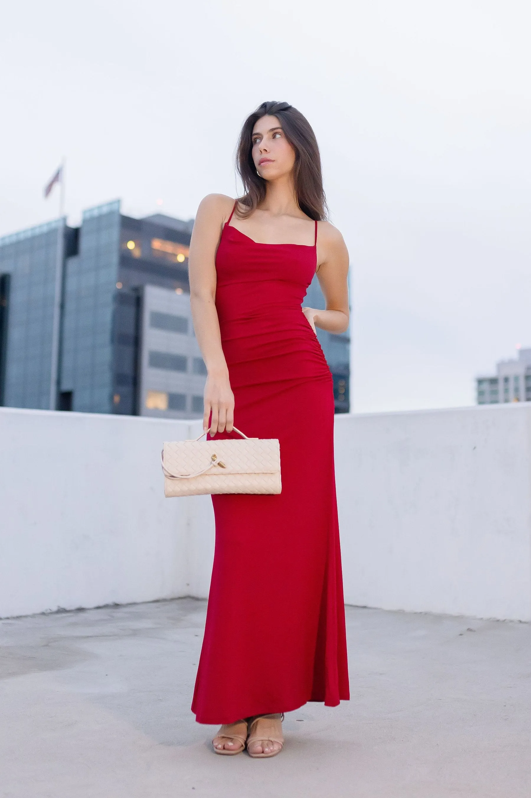 Chelsea Sleeveless Cowl Neck Ruched Maxi Dress Red