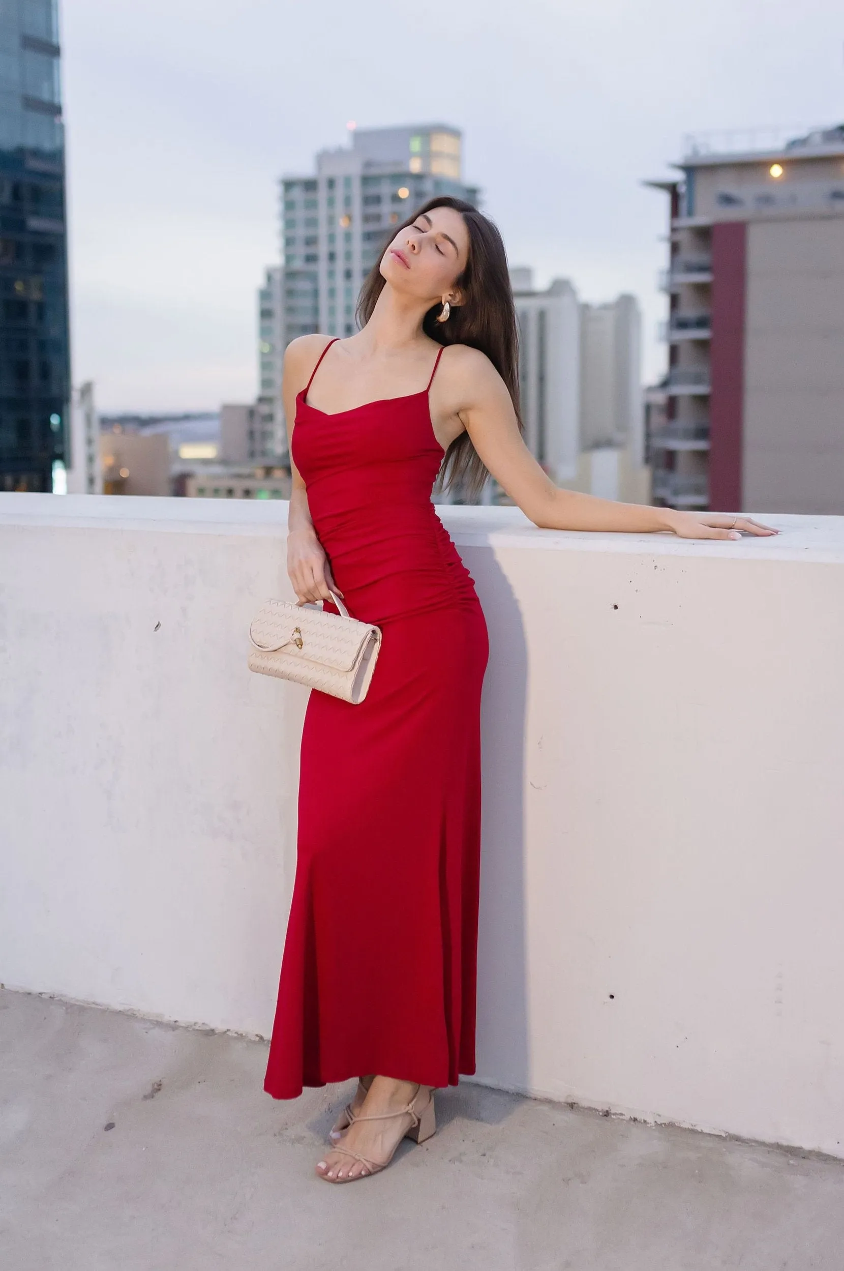 Chelsea Sleeveless Cowl Neck Ruched Maxi Dress Red