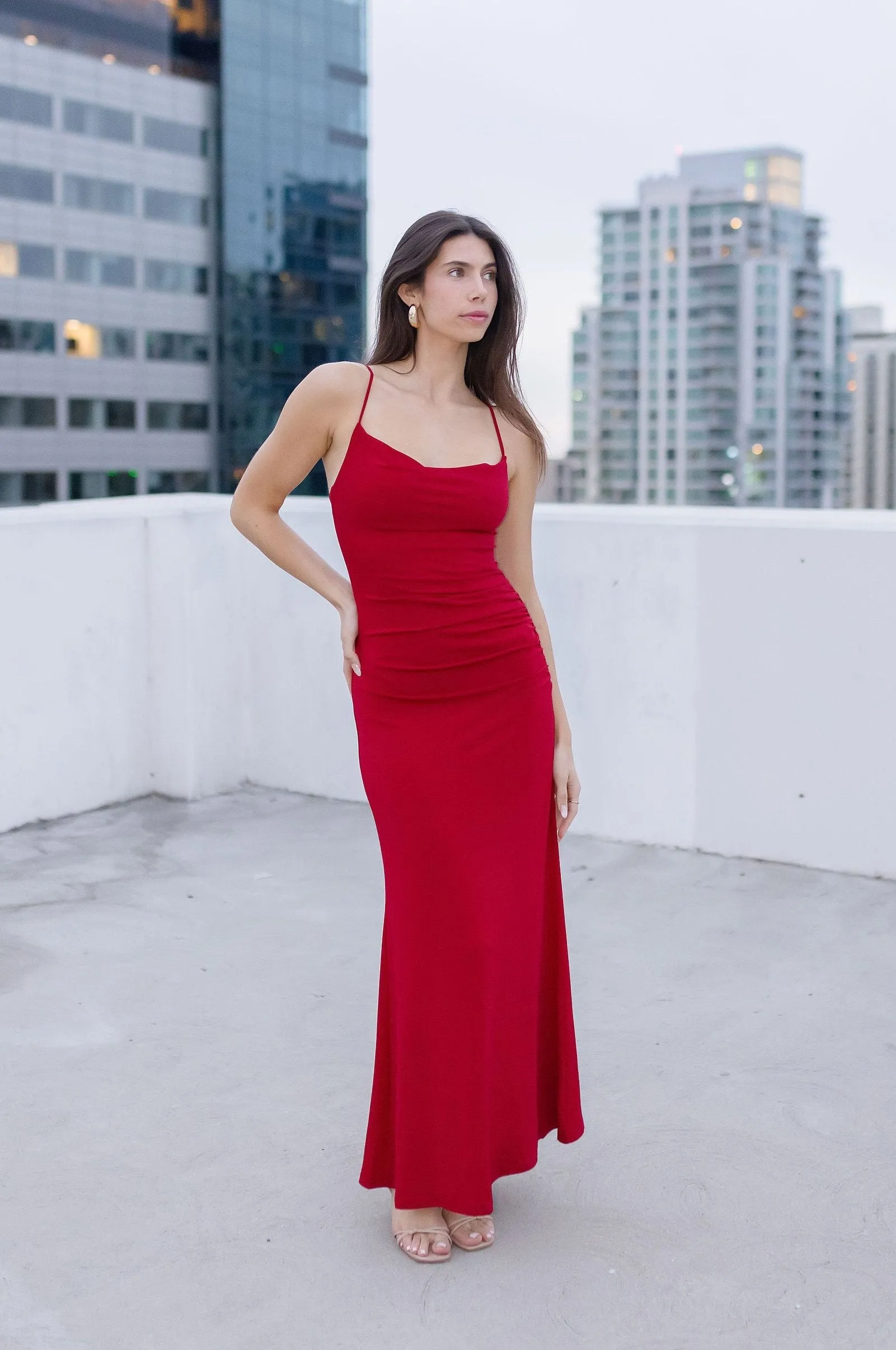 Chelsea Sleeveless Cowl Neck Ruched Maxi Dress Red