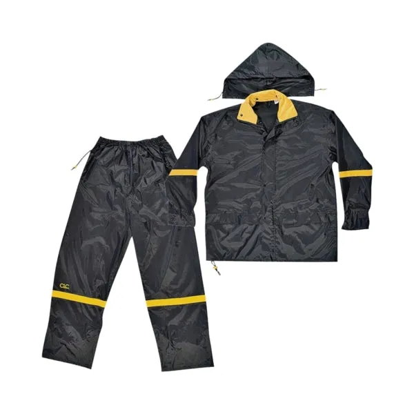 CLC R1032X Rain Suit, 2XL, 190T Nylon, Black/Yellow, Detachable Collar, Zipper Closure