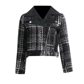 Colorblock Casual Patchwork Leather Tweed Coats For Women Lapel Long Sleeve Spliced Zipper Coat Femalle Fashion