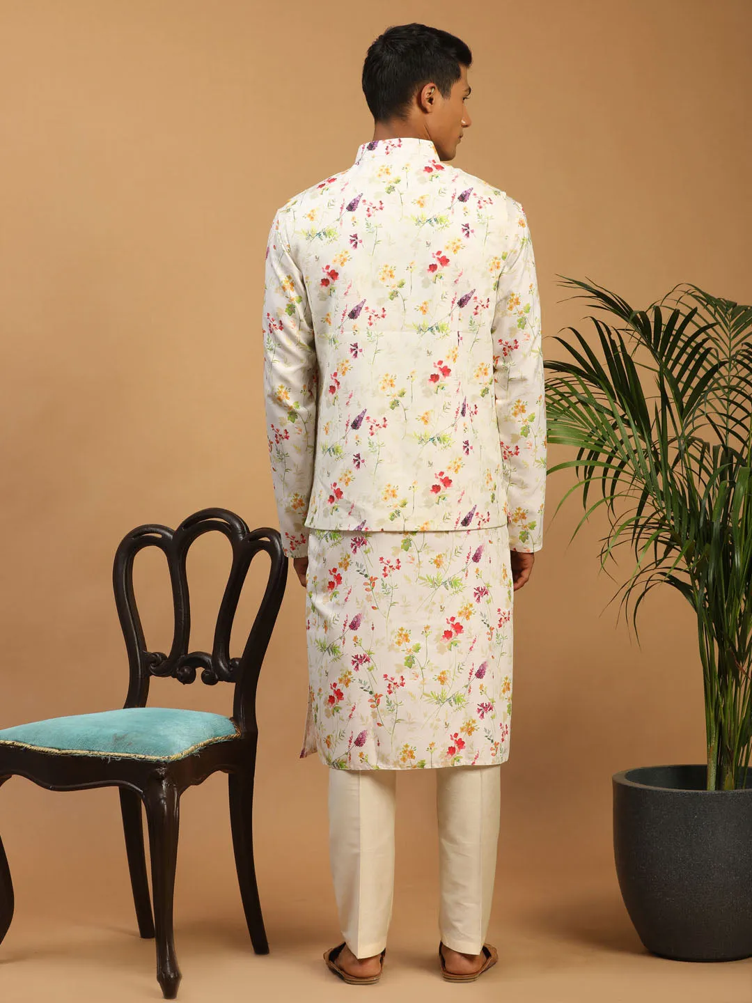 Cream Floral Print Nehru Jacket Set