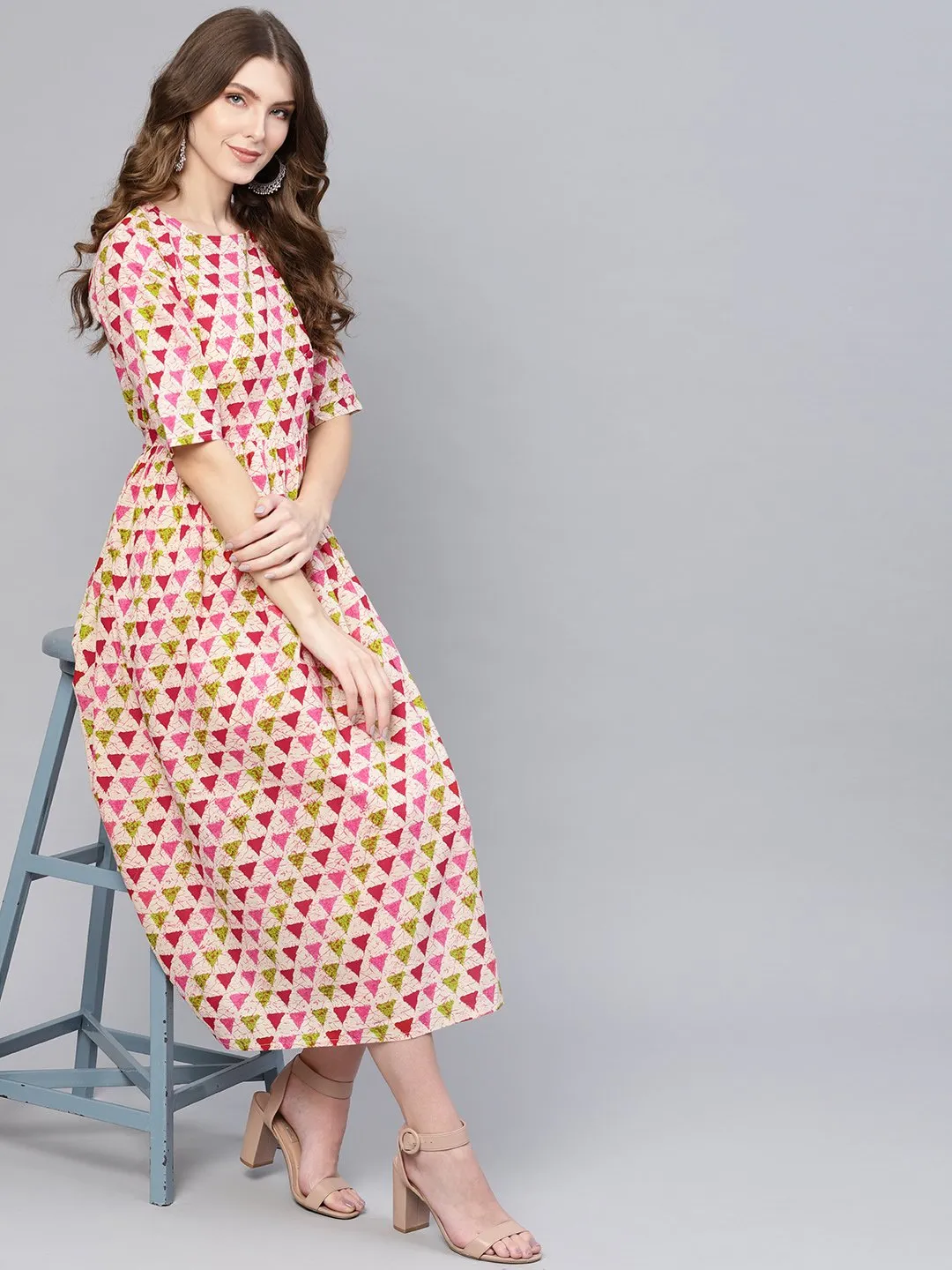 Cream Multicolored Printed Round Neck Elbow Sleeves Gathered Maxi Dress