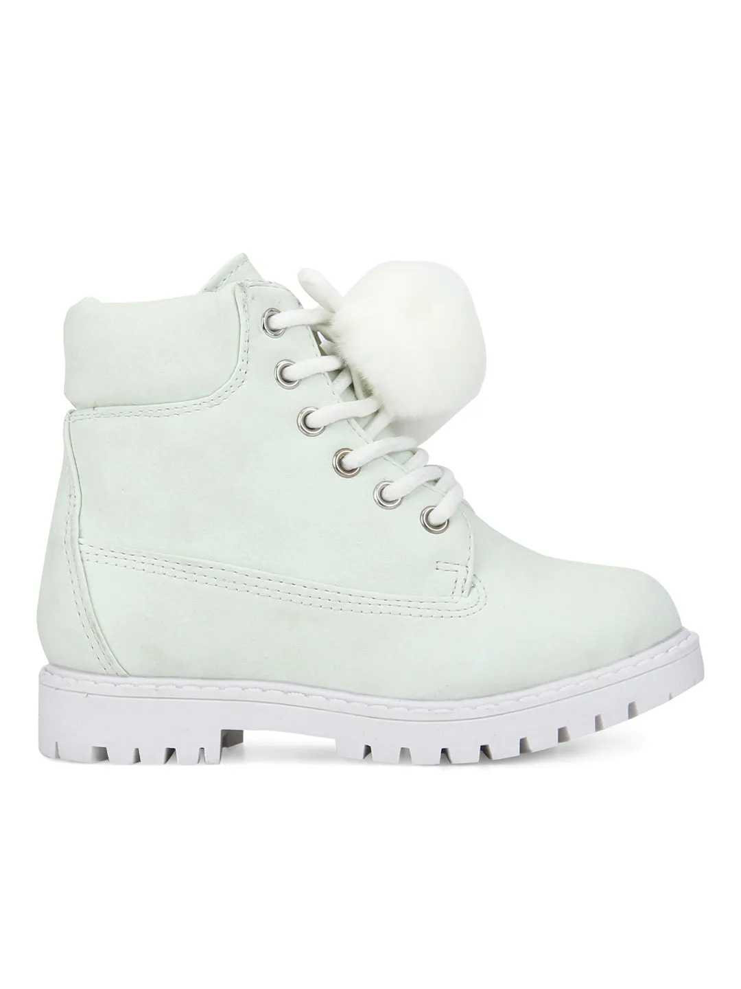 Cream PU Pom Pom Lace-up Ankle Boots