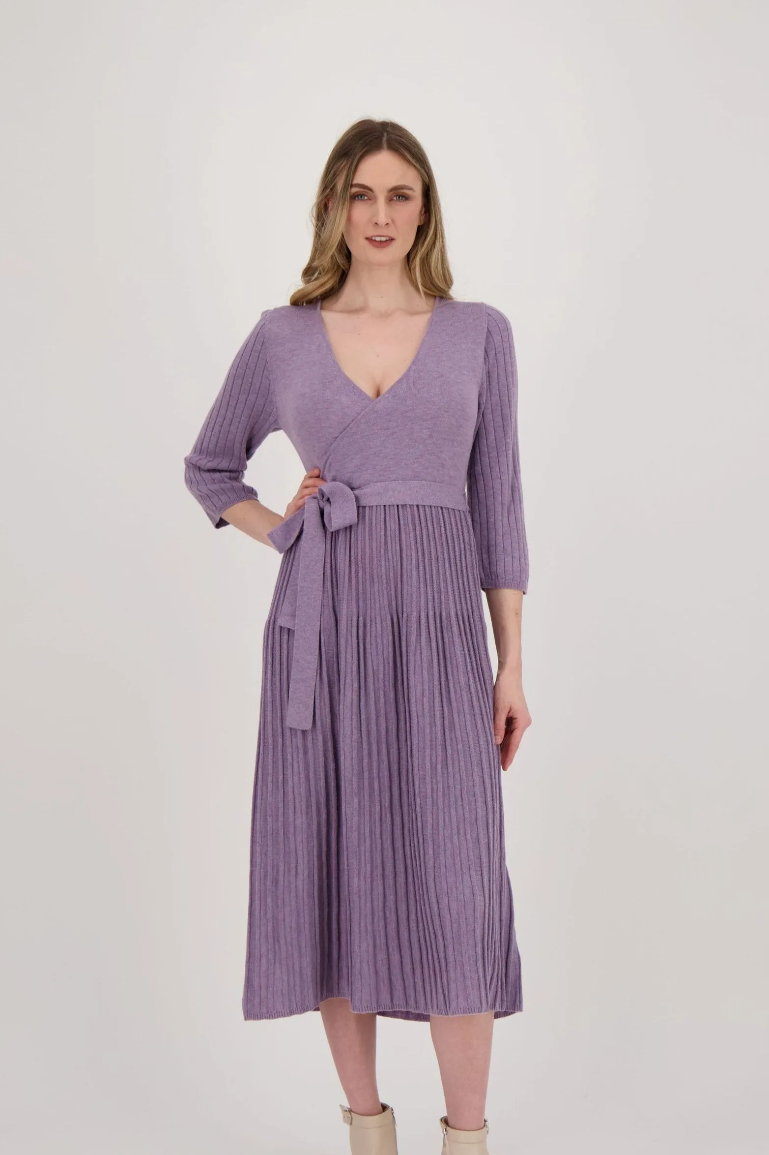 Crossover Neck Pleated Sweater Dress