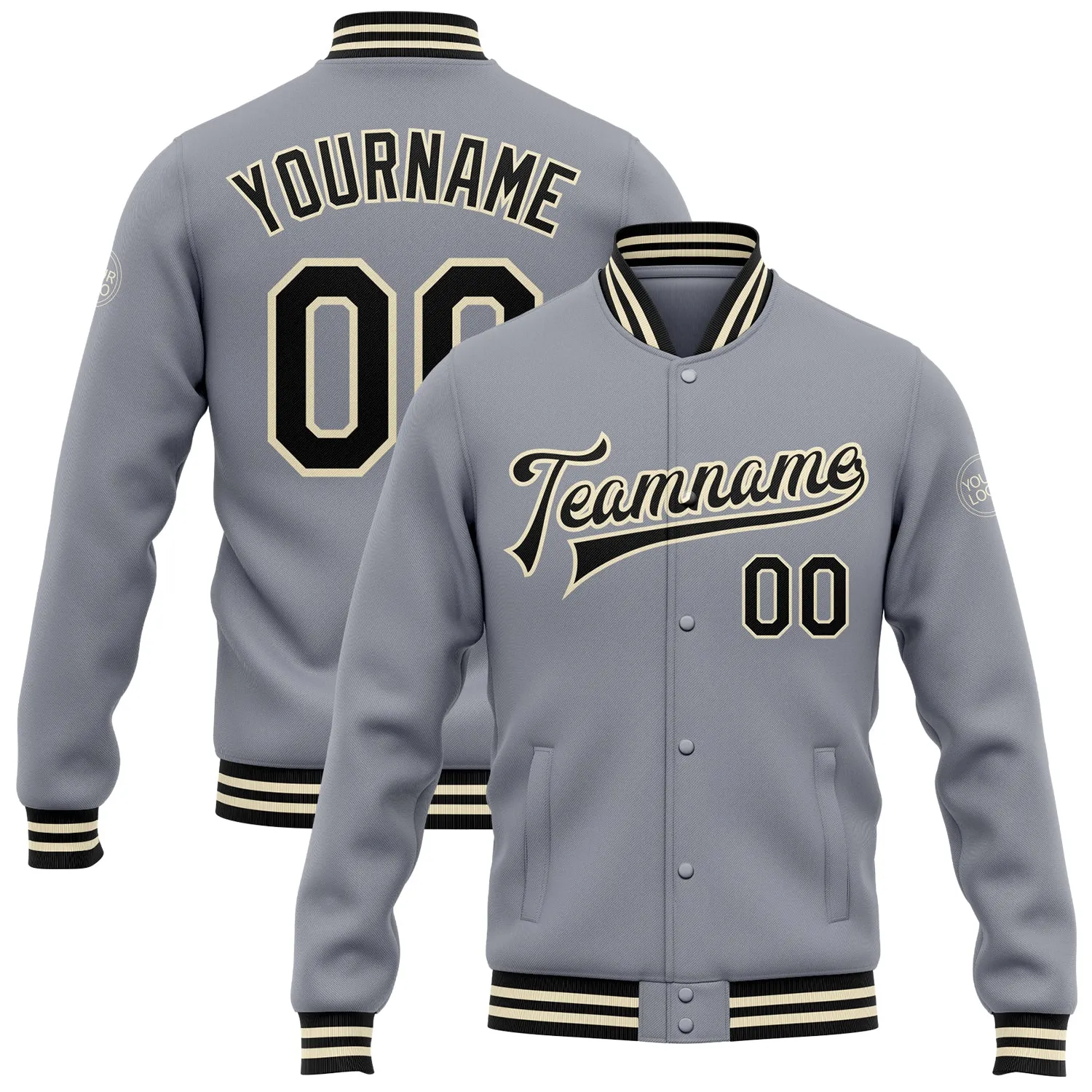 Custom Gray Black-Cream Bomber Full-Snap Varsity Letterman Jacket