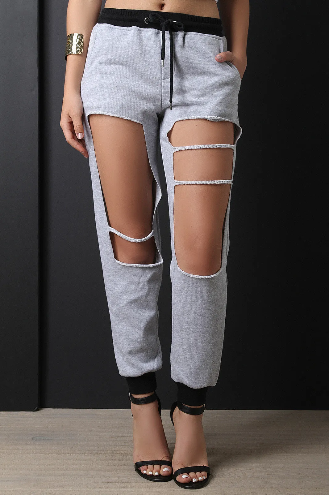 Cutout Pocketed Drawstring Joggers