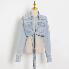 Denim Lace Up Bowknot Jacket For Women Lapel Long Sleeve Casual Short Jackets Female Fashion Clothes Style