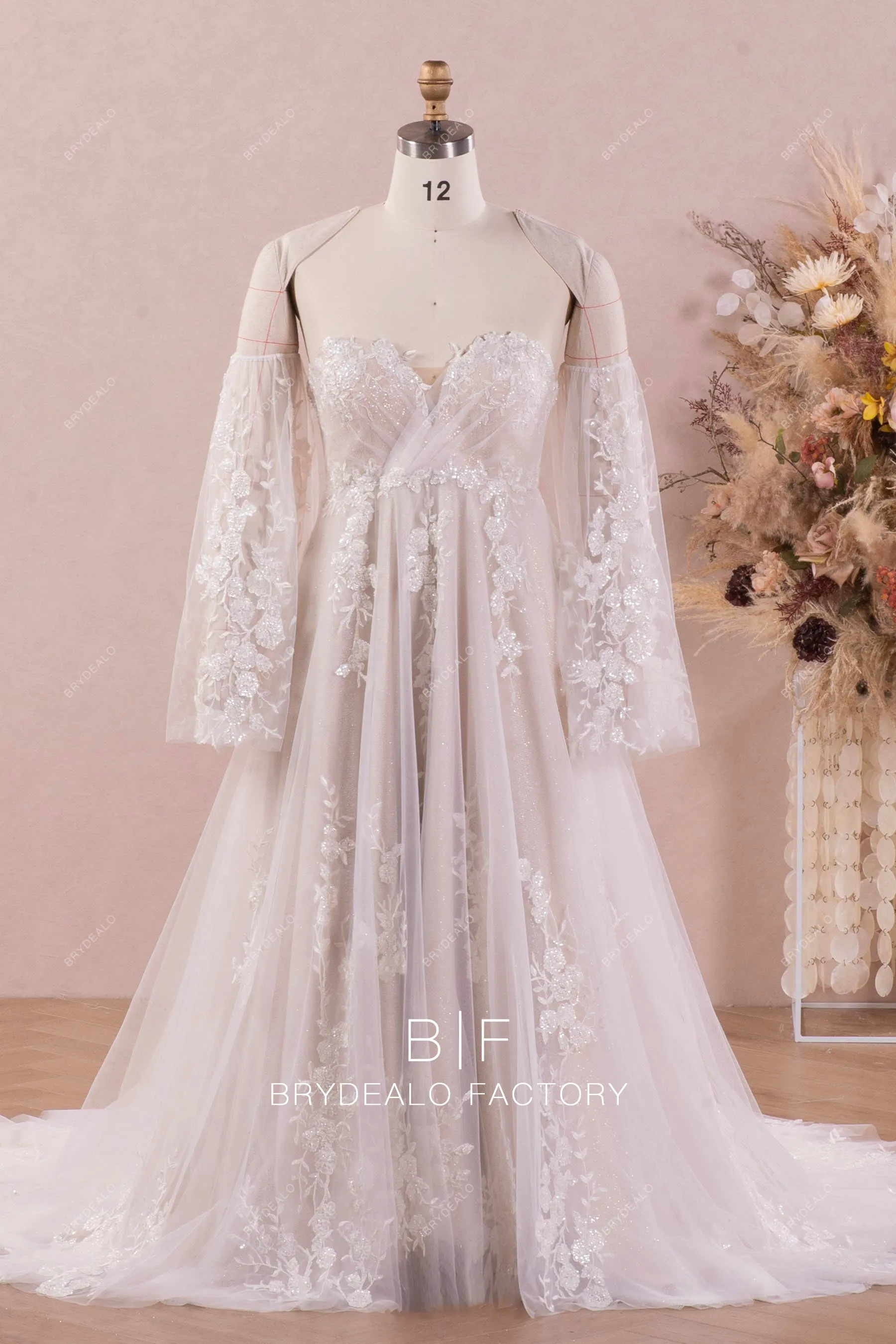 Designer Lace Off Shoulder Champagne Maternity Wedding Dress