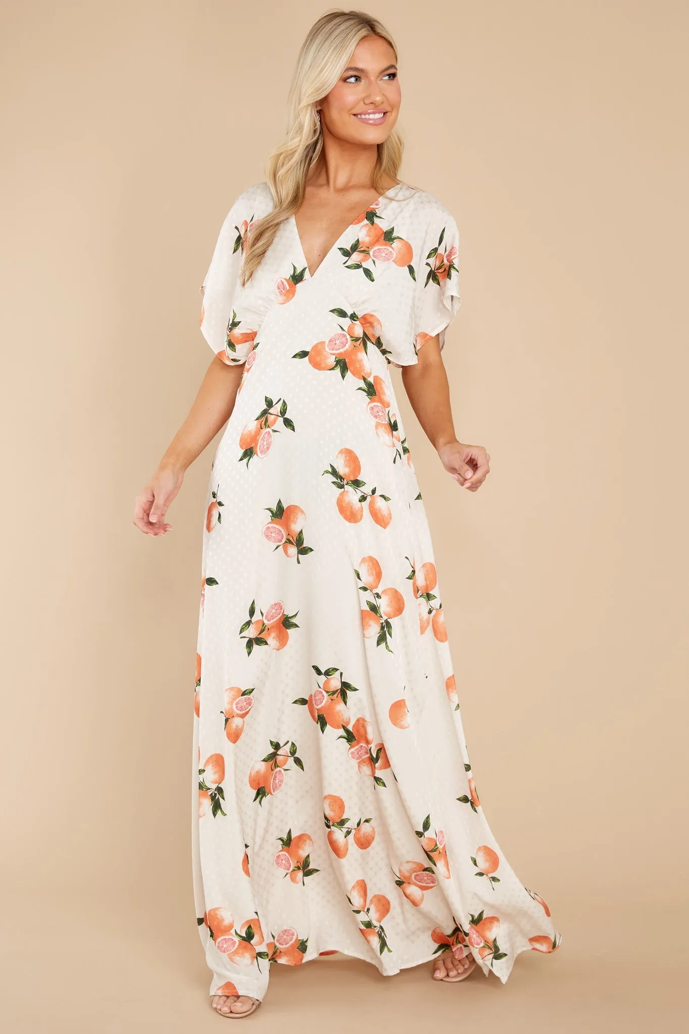 Dianella Grapefruit Print Satin Flutter Sleeve Maxi Dress